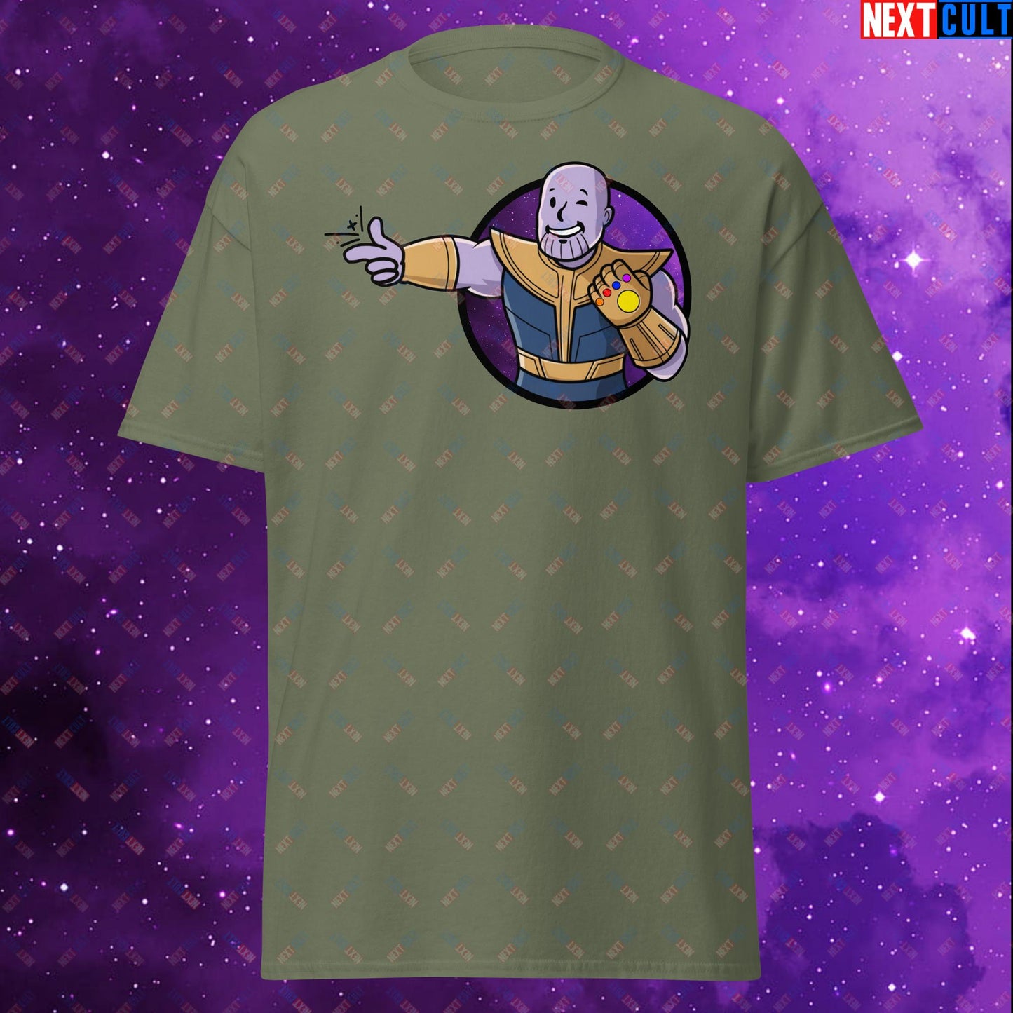 Snap Boy Thanos Vault Boy Fallout Funny Meme Cartoon Mashup Unisex tee Military Green T-shirts Fallout Movies Superheroes Thanos Vault Boy Next Cult Brand