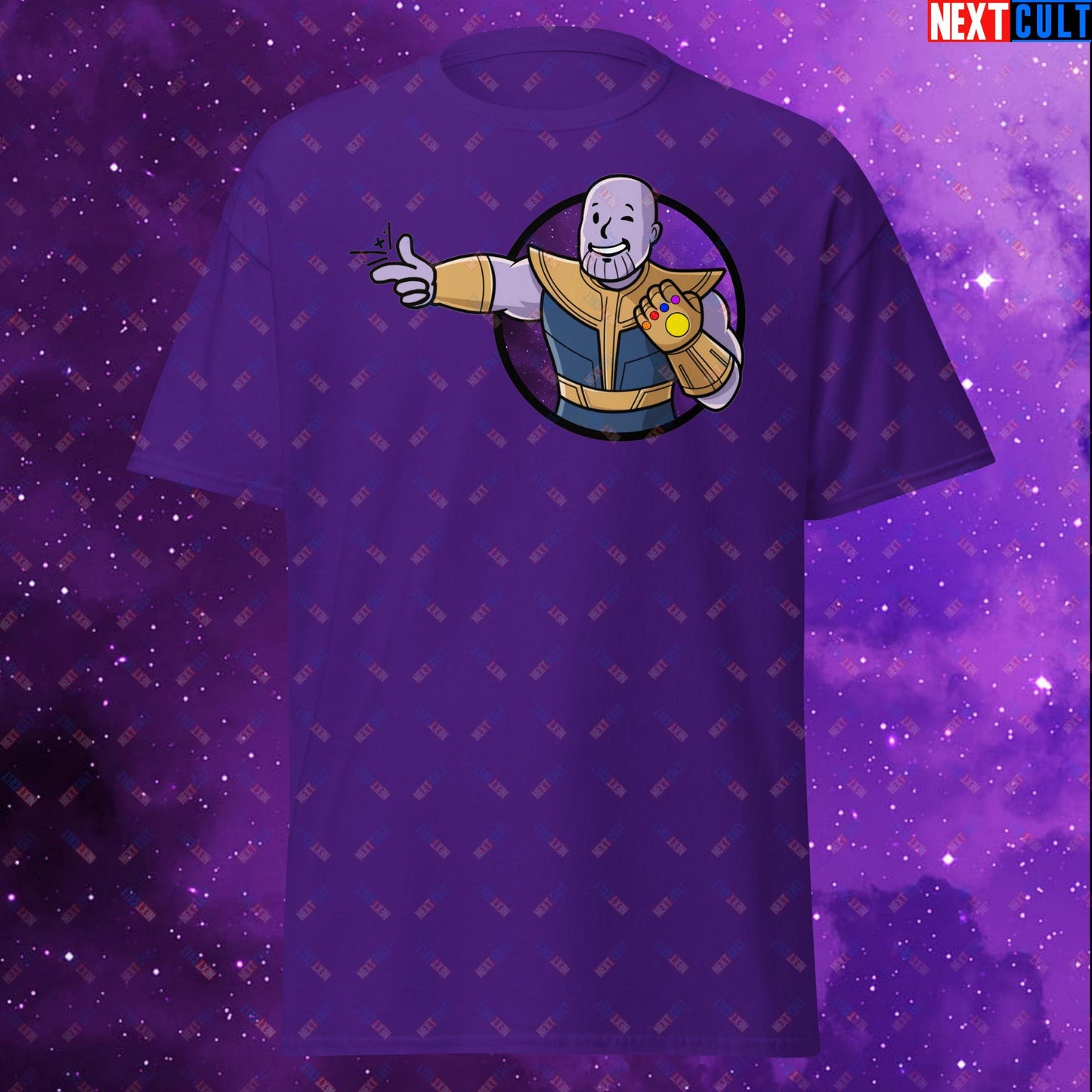 Snap Boy Thanos Vault Boy Fallout Funny Meme Cartoon Mashup Unisex tee Purple T-shirts Fallout Movies Superheroes Thanos Vault Boy Next Cult Brand