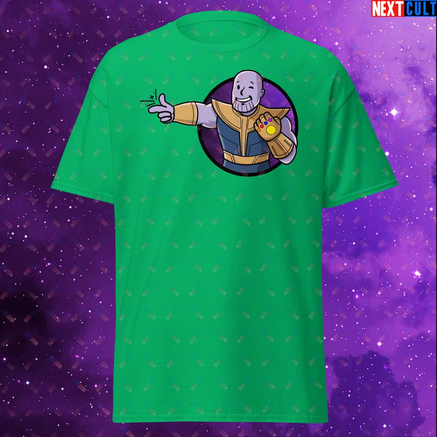 Snap Boy Thanos Vault Boy Fallout Funny Meme Cartoon Mashup Unisex tee Irish Green T-shirts Fallout Movies Superheroes Thanos Vault Boy Next Cult Brand