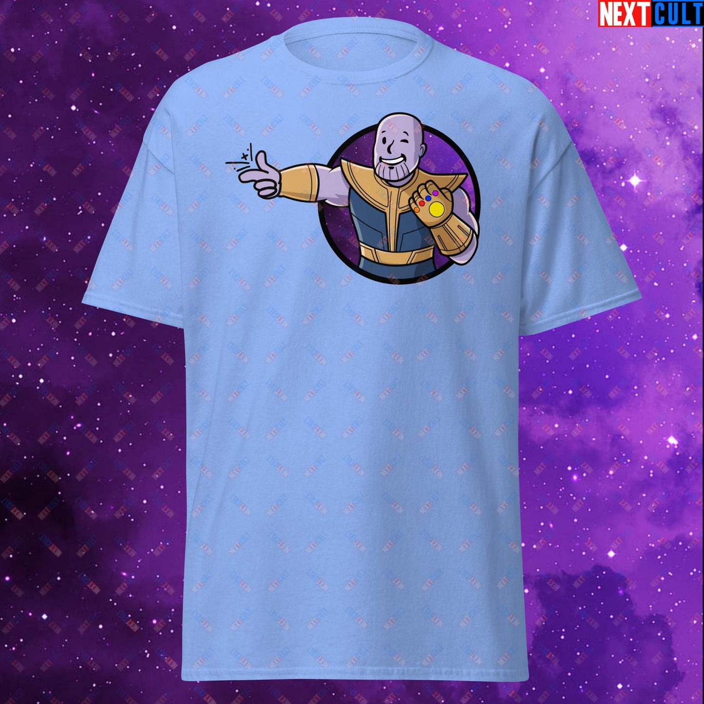 Snap Boy Thanos Vault Boy Fallout Funny Meme Cartoon Mashup Unisex tee Carolina Blue T-shirts Fallout Movies Superheroes Thanos Vault Boy Next Cult Brand