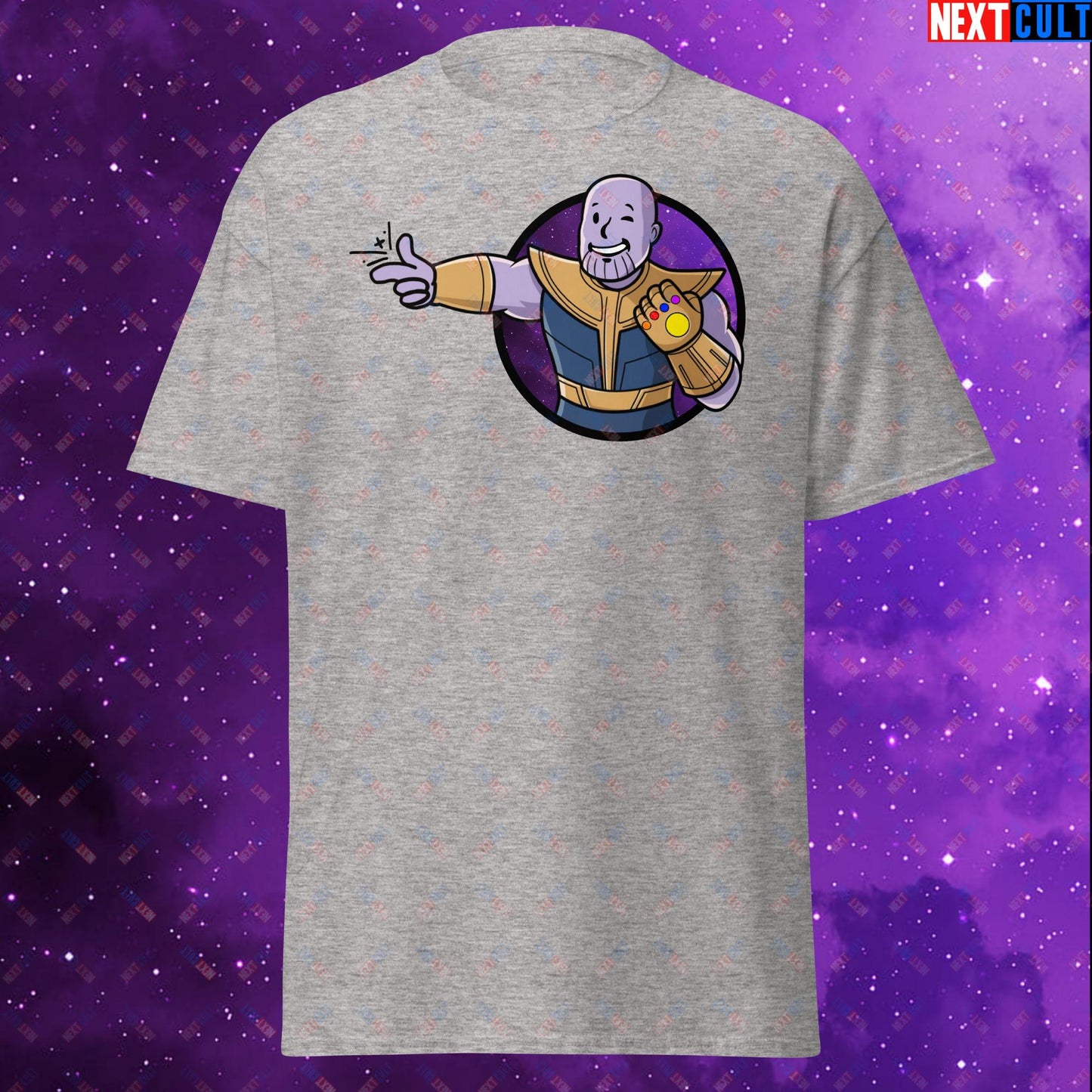 Snap Boy Thanos Vault Boy Fallout Funny Meme Cartoon Mashup Unisex tee Sport Grey T-shirts Fallout Movies Superheroes Thanos Vault Boy Next Cult Brand
