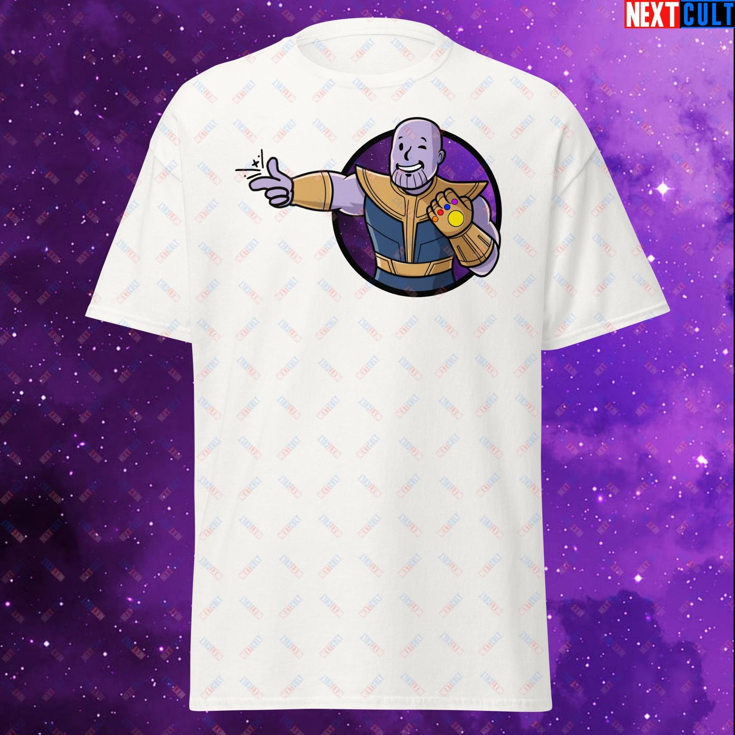 Snap Boy Thanos Vault Boy Fallout Funny Meme Cartoon Mashup Unisex tee White T-shirts Fallout Movies Superheroes Thanos Vault Boy Next Cult Brand