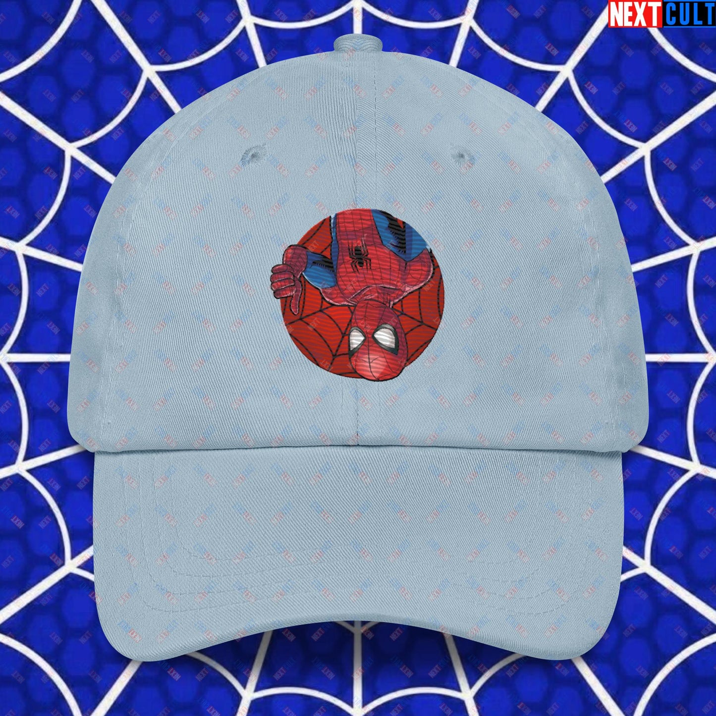 Spider Boy Vault Boy Fallout Funny Meme Cartoon Mashup Dad hat Light Blue Hats Avengers Fallout Movies Spiderman Superheroes Vault Boy Next Cult Brand