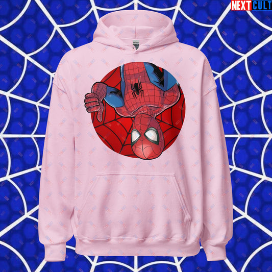 Spider Boy Vault Boy Fallout Funny Meme Cartoon Mashup Unisex Hoodie Light Pink Hoodies Avengers Fallout Movies Spiderman Superheroes Vault Boy Next Cult Brand