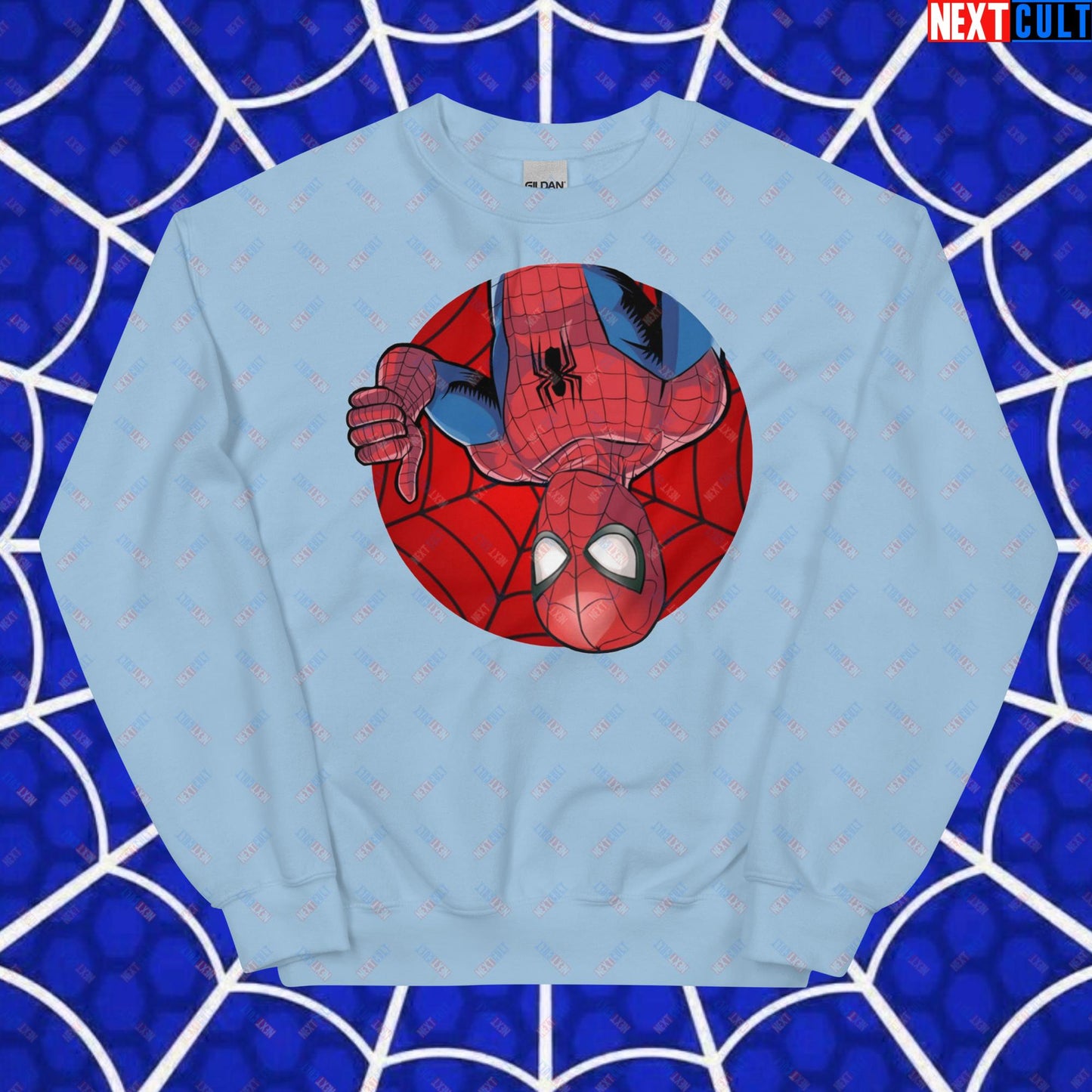 Spider Boy Vault Boy Fallout Funny Meme Cartoon Mashup Unisex Sweatshirt Light Blue Sweatshirts Avengers Fallout Movies Spiderman Superheroes Vault Boy Next Cult Brand