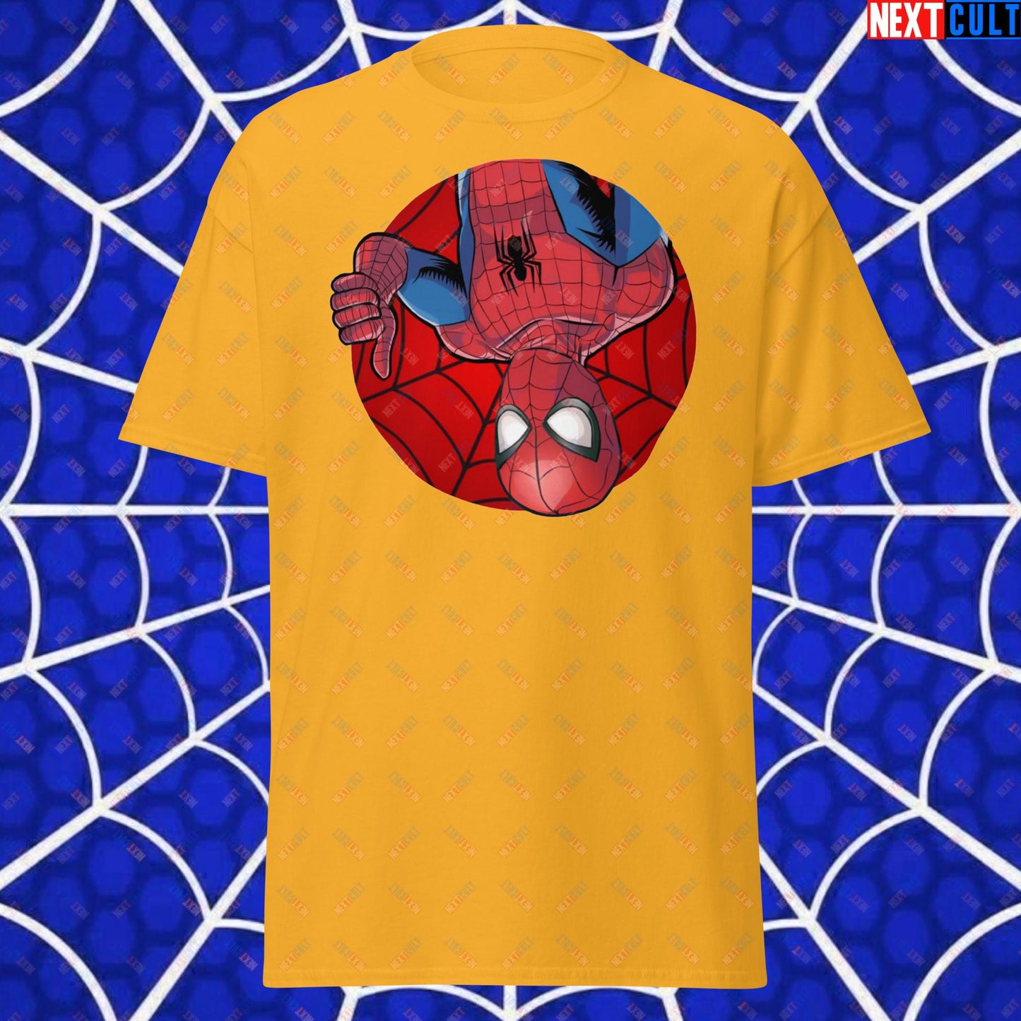 Spider Boy Vault Boy Fallout Funny Meme Cartoon Mashup Unisex classic tee Gold T-shirts Avengers Fallout Movies Spiderman Superheroes Vault Boy Next Cult Brand