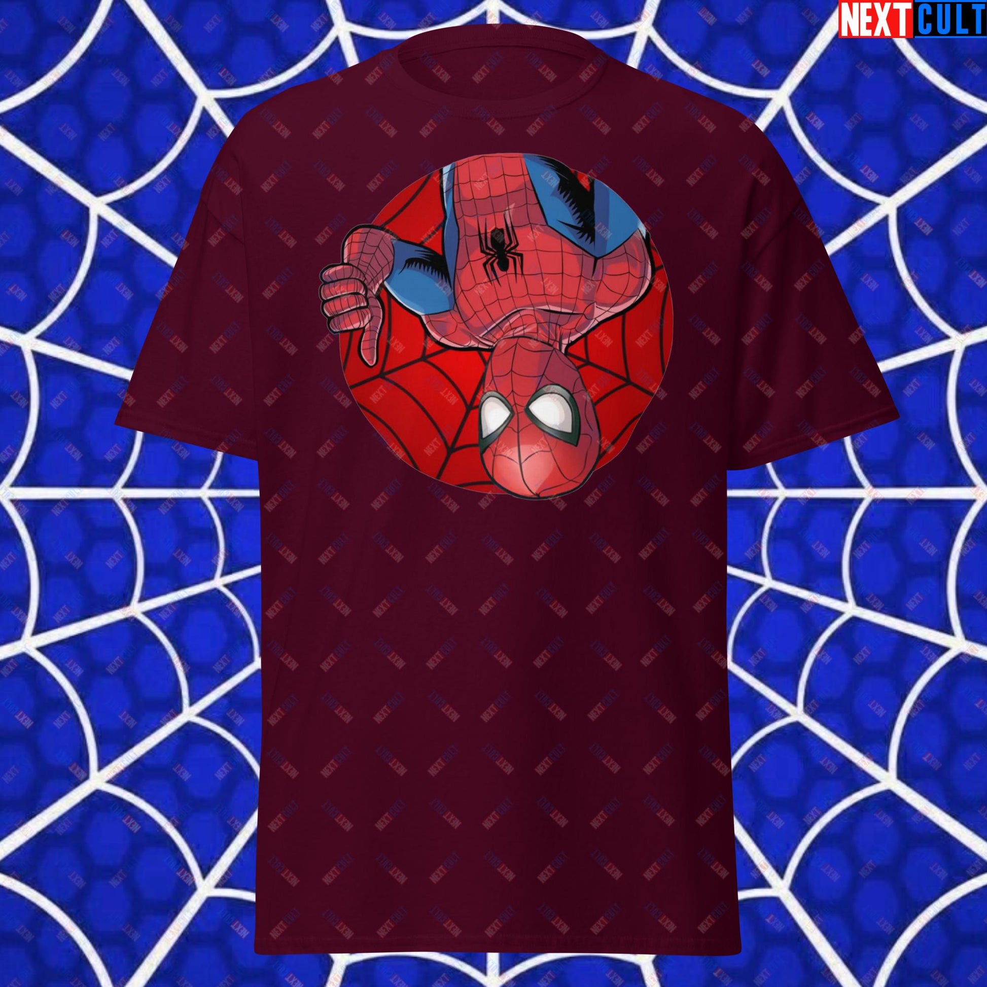 Spider Boy Vault Boy Fallout Funny Meme Cartoon Mashup Unisex classic tee Maroon T-shirts Avengers Fallout Movies Spiderman Superheroes Vault Boy Next Cult Brand