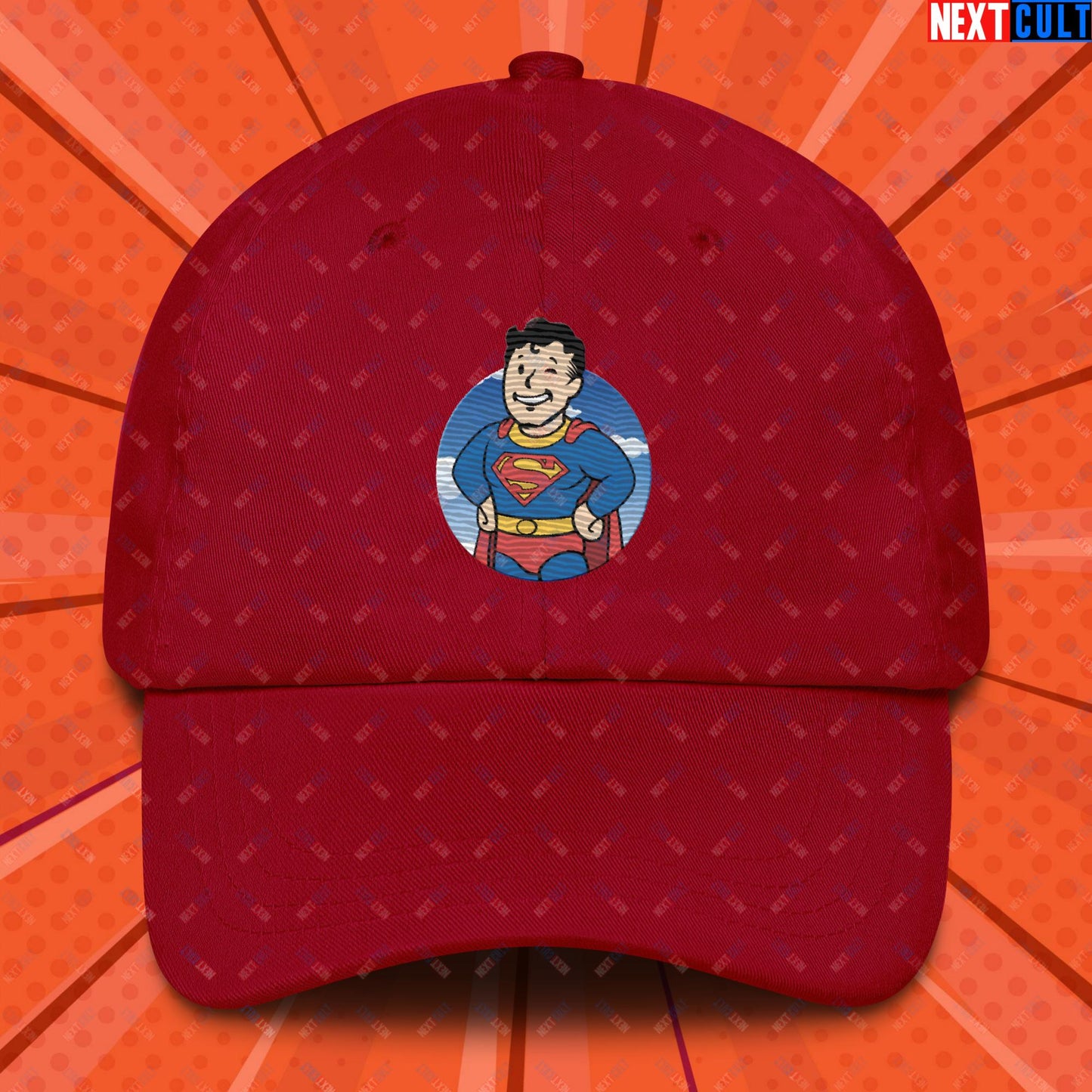 Super Boy Superman Vault Boy Fallout Funny Meme Cartoon Mashup Dad hat Cranberry Hats Fallout Henry Cavill Justice League Movies Superheroes Superman Vault Boy Next Cult Brand