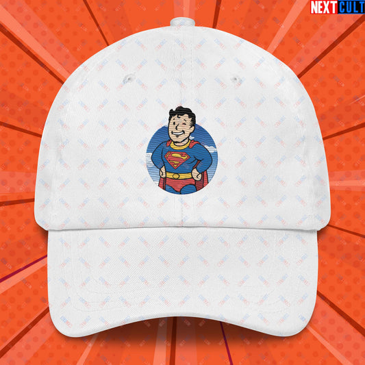 Super Boy Superman Vault Boy Fallout Funny Meme Cartoon Mashup Dad hat White Hats Fallout Henry Cavill Justice League Movies Superheroes Superman Vault Boy Next Cult Brand