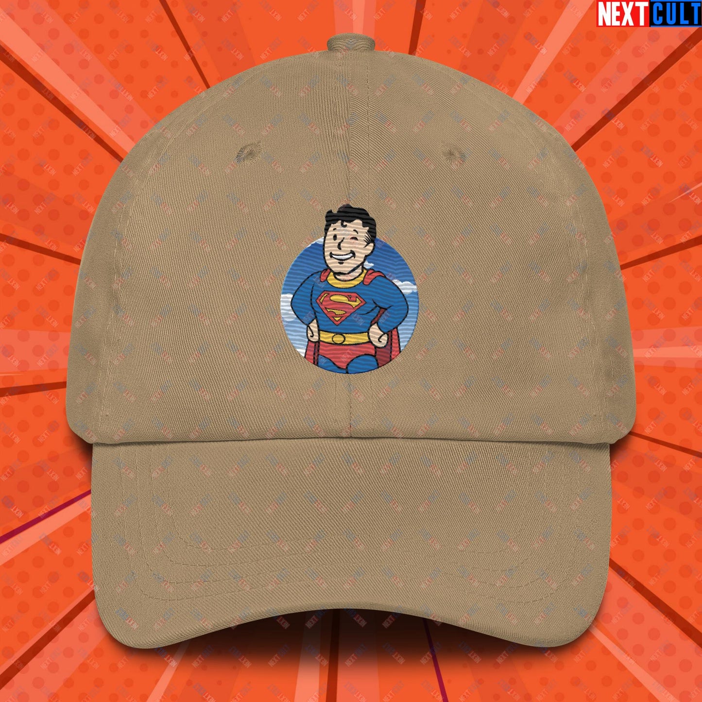 Super Boy Superman Vault Boy Fallout Funny Meme Cartoon Mashup Dad hat Khaki Hats Fallout Henry Cavill Justice League Movies Superheroes Superman Vault Boy Next Cult Brand