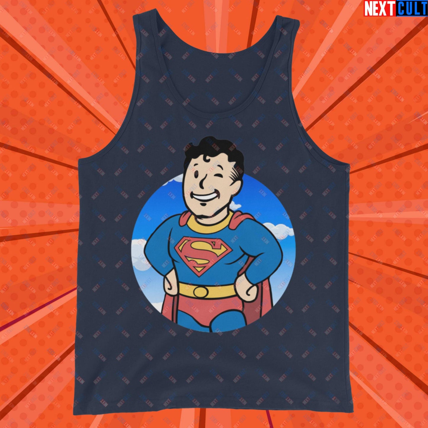 Super Boy Superman Vault Boy Fallout Funny Meme Cartoon Mashup Tank Top Navy Tank Tops Fallout Henry Cavill Justice League Movies Superheroes Superman Vault Boy Next Cult Brand