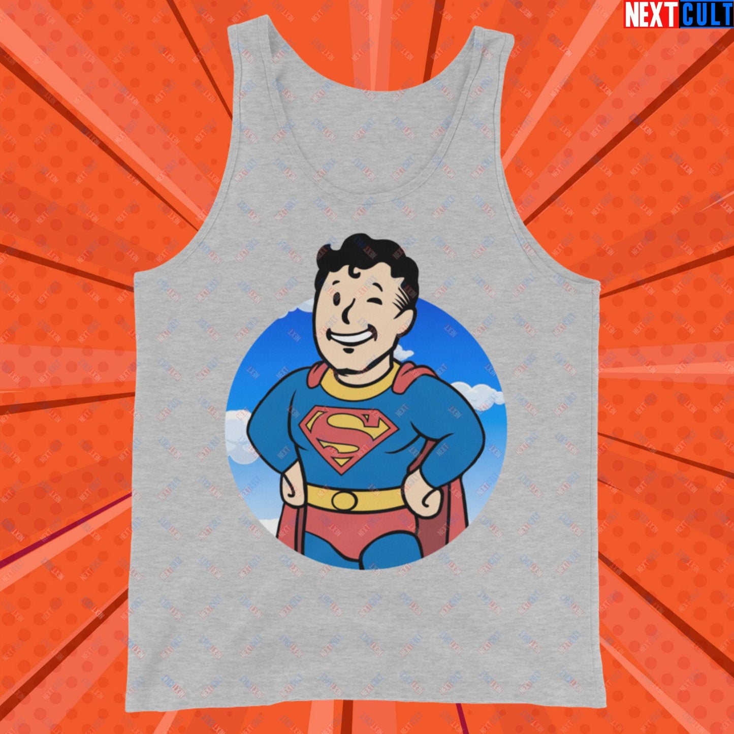 Super Boy Superman Vault Boy Fallout Funny Meme Cartoon Mashup Tank Top Athletic Heather Tank Tops Fallout Henry Cavill Justice League Movies Superheroes Superman Vault Boy Next Cult Brand