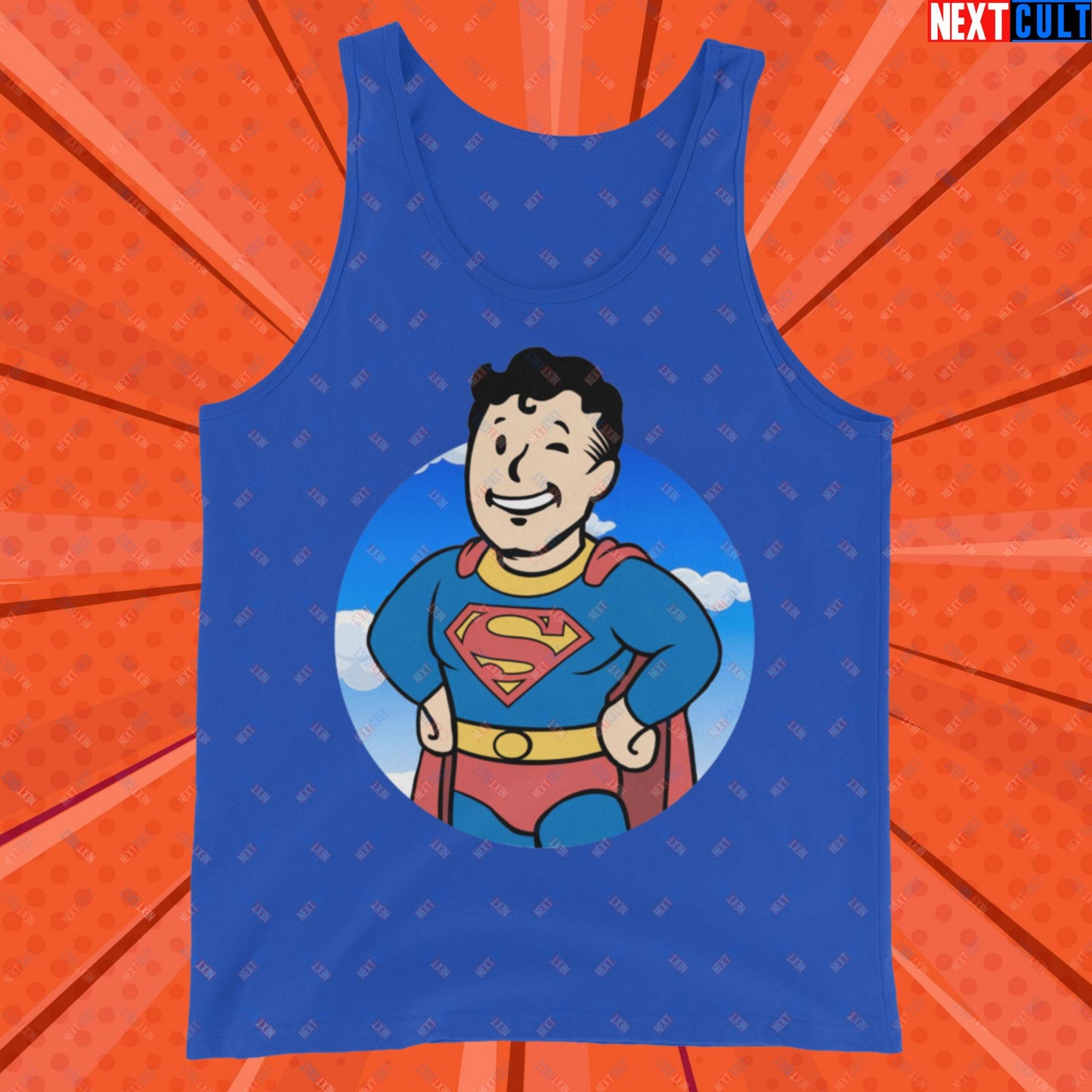 Super Boy Superman Vault Boy Fallout Funny Meme Cartoon Mashup Tank Top True Royal Tank Tops Fallout Henry Cavill Justice League Movies Superheroes Superman Vault Boy Next Cult Brand
