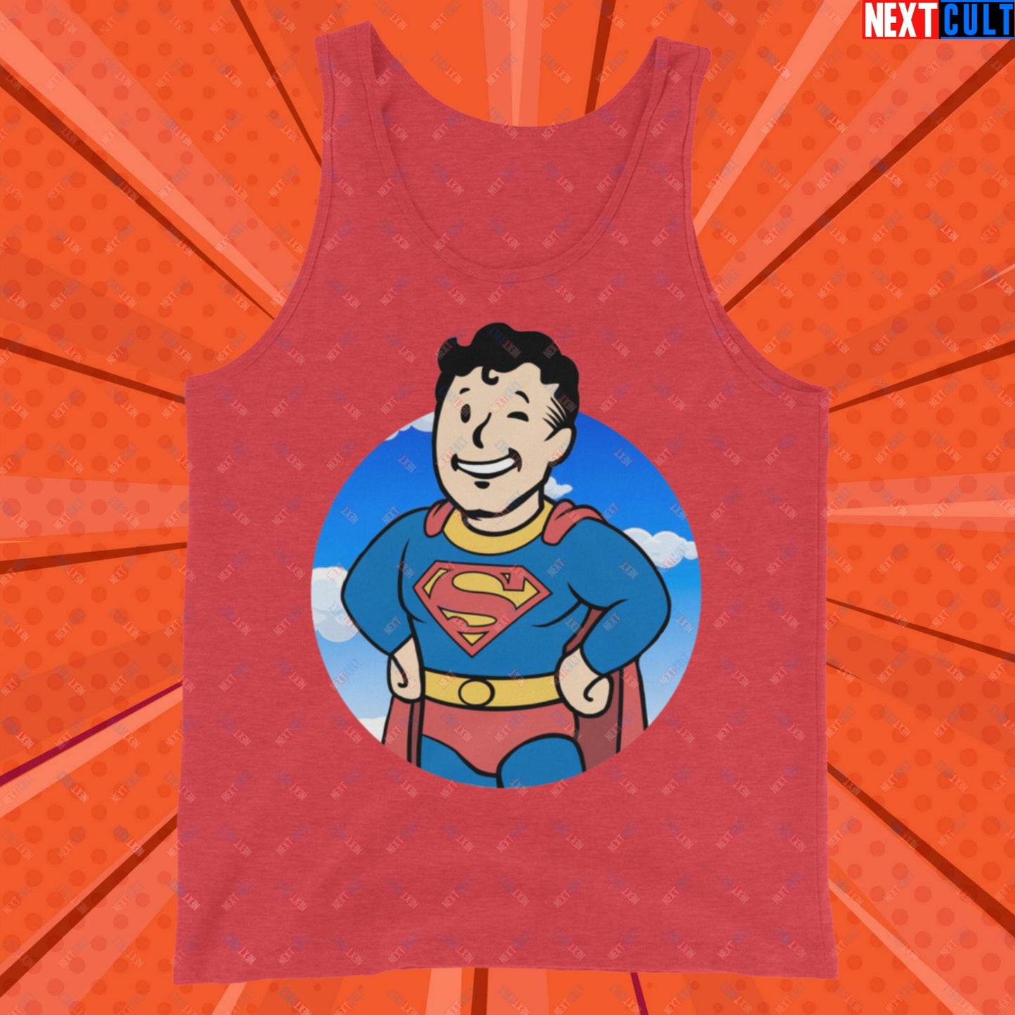 Super Boy Superman Vault Boy Fallout Funny Meme Cartoon Mashup Tank Top Red Triblend Tank Tops Fallout Henry Cavill Justice League Movies Superheroes Superman Vault Boy Next Cult Brand