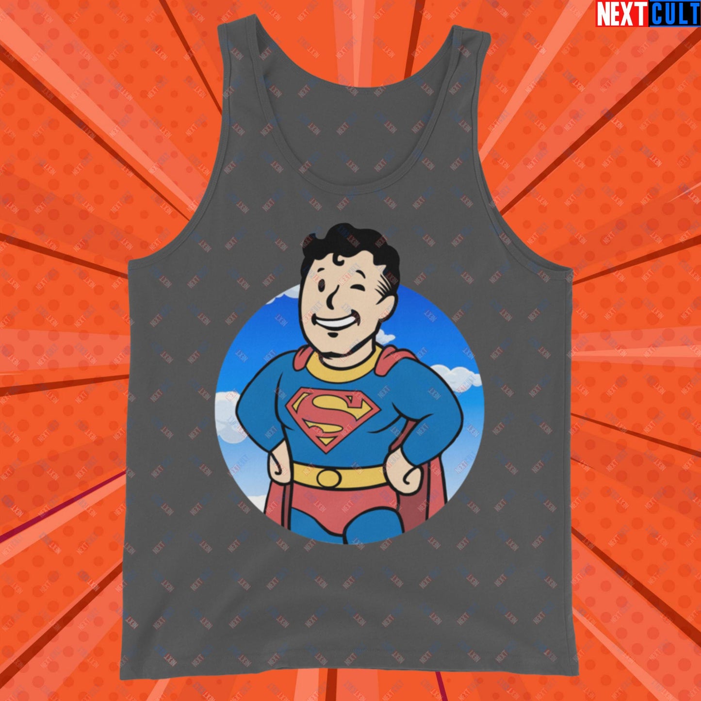 Super Boy Superman Vault Boy Fallout Funny Meme Cartoon Mashup Tank Top Asphalt Tank Tops Fallout Henry Cavill Justice League Movies Superheroes Superman Vault Boy Next Cult Brand