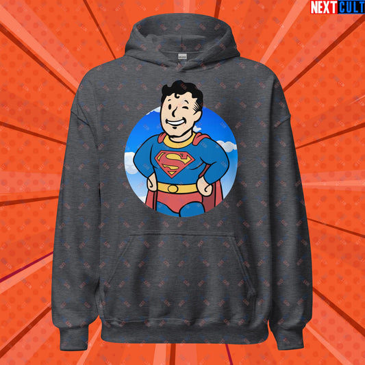 Super Boy Superman Vault Boy Fallout Funny Meme Cartoon Mashup Unisex Hoodie Dark Heather Hoodies Fallout Henry Cavill Justice League Movies Superheroes Superman Vault Boy Next Cult Brand