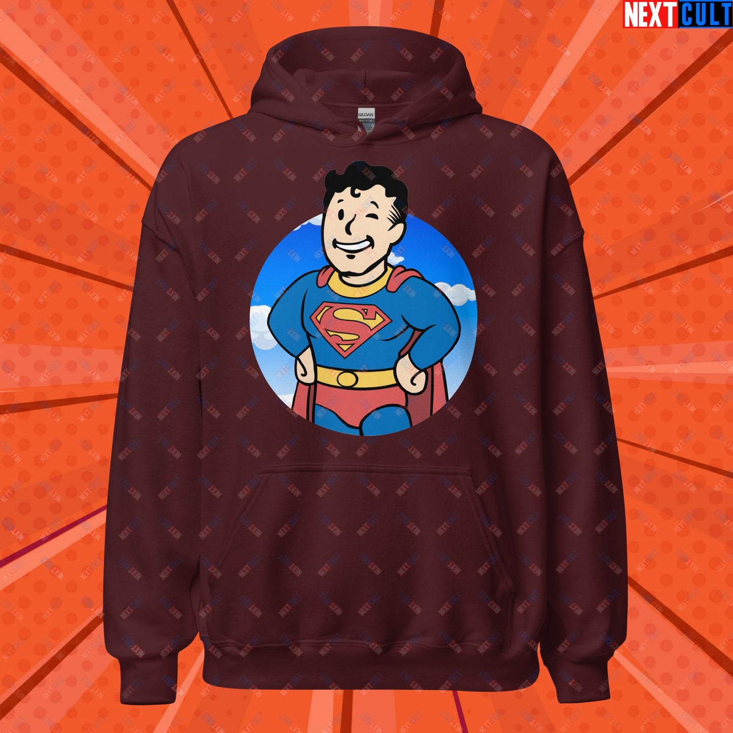 Super Boy Superman Vault Boy Fallout Funny Meme Cartoon Mashup Unisex Hoodie Maroon Hoodies Fallout Henry Cavill Justice League Movies Superheroes Superman Vault Boy Next Cult Brand