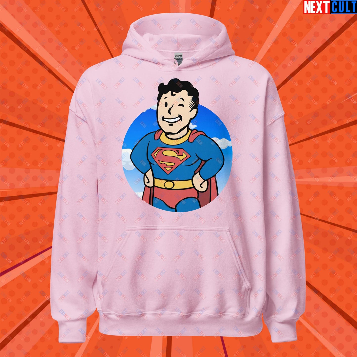 Super Boy Superman Vault Boy Fallout Funny Meme Cartoon Mashup Unisex Hoodie Light Pink Hoodies Fallout Henry Cavill Justice League Movies Superheroes Superman Vault Boy Next Cult Brand