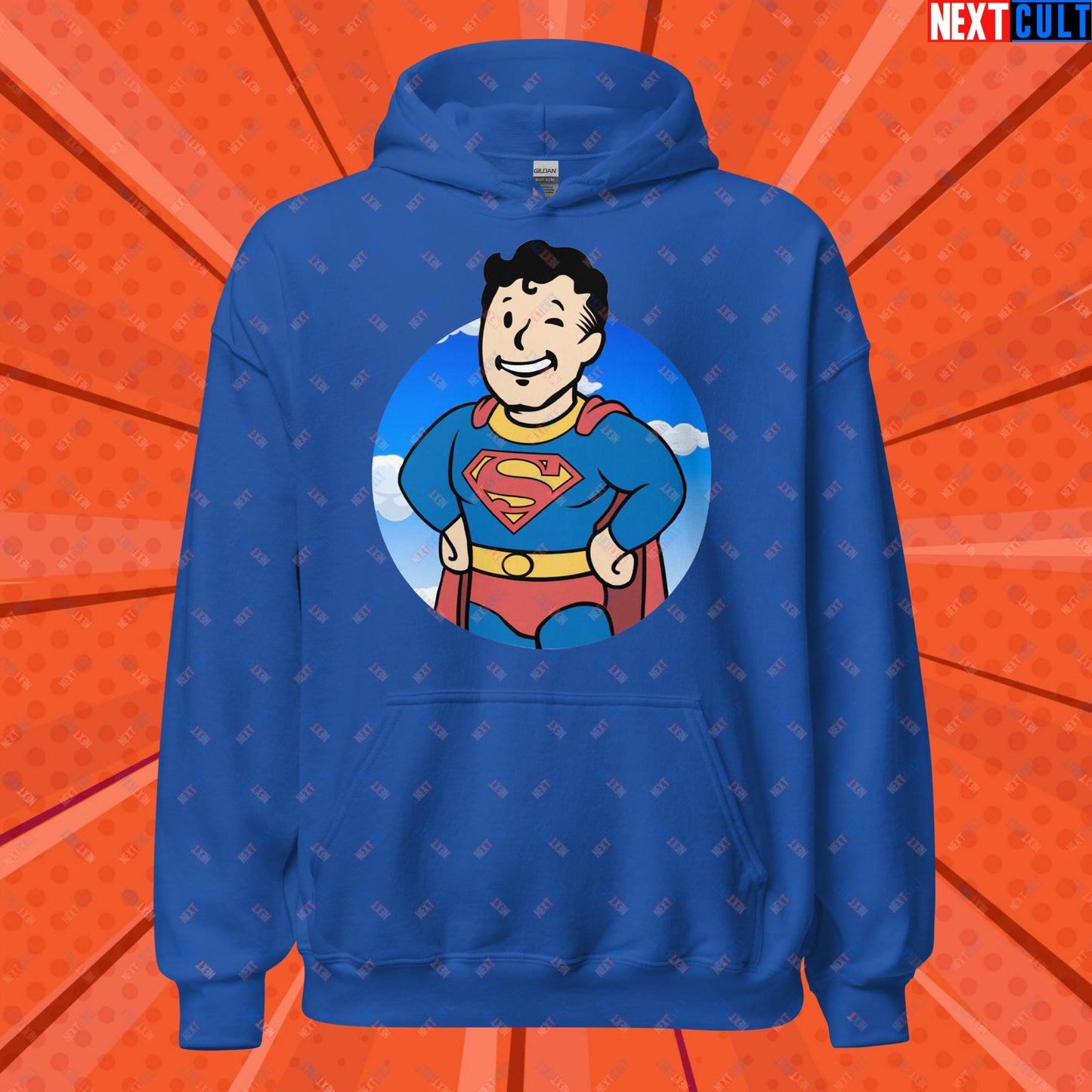 Super Boy Superman Vault Boy Fallout Funny Meme Cartoon Mashup Unisex Hoodie Royal Hoodies Fallout Henry Cavill Justice League Movies Superheroes Superman Vault Boy Next Cult Brand