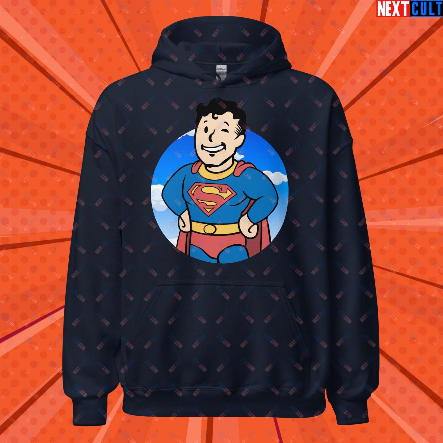 Super Boy Superman Vault Boy Fallout Funny Meme Cartoon Mashup Unisex Hoodie Navy Hoodies Fallout Henry Cavill Justice League Movies Superheroes Superman Vault Boy Next Cult Brand