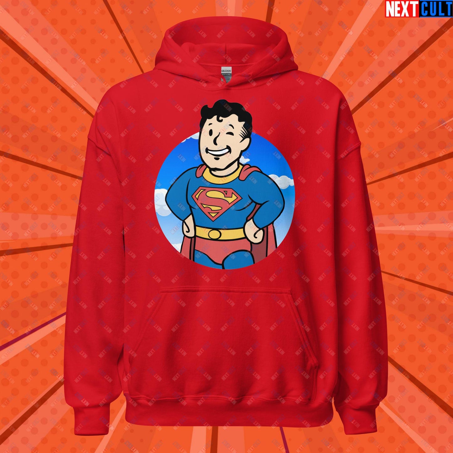 Super Boy Superman Vault Boy Fallout Funny Meme Cartoon Mashup Unisex Hoodie Red Hoodies Fallout Henry Cavill Justice League Movies Superheroes Superman Vault Boy Next Cult Brand