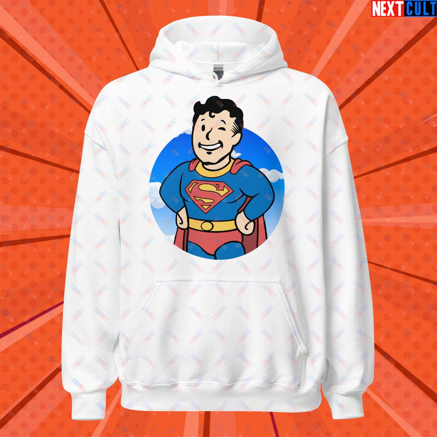 Super Boy Superman Vault Boy Fallout Funny Meme Cartoon Mashup Unisex Hoodie White Hoodies Fallout Henry Cavill Justice League Movies Superheroes Superman Vault Boy Next Cult Brand