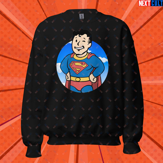 Super Boy Superman Vault Boy Fallout Funny Meme Cartoon Mashup Unisex Sweatshirt Black Sweatshirts Fallout Henry Cavill Justice League Movies Superheroes Superman Vault Boy Next Cult Brand