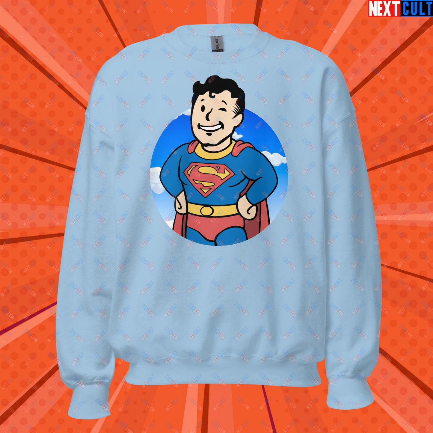 Super Boy Superman Vault Boy Fallout Funny Meme Cartoon Mashup Unisex Sweatshirt Light Blue Sweatshirts Fallout Henry Cavill Justice League Movies Superheroes Superman Vault Boy Next Cult Brand