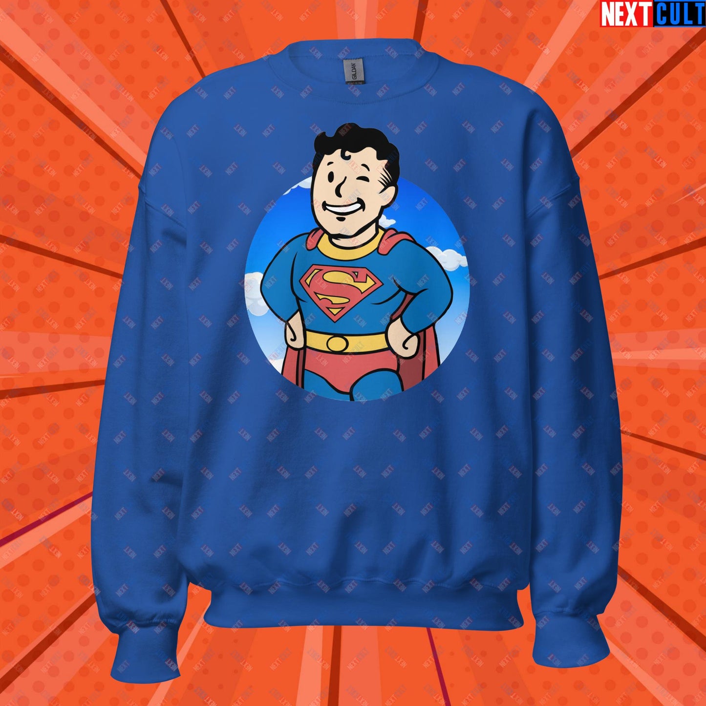 Super Boy Superman Vault Boy Fallout Funny Meme Cartoon Mashup Unisex Sweatshirt Royal Sweatshirts Fallout Henry Cavill Justice League Movies Superheroes Superman Vault Boy Next Cult Brand