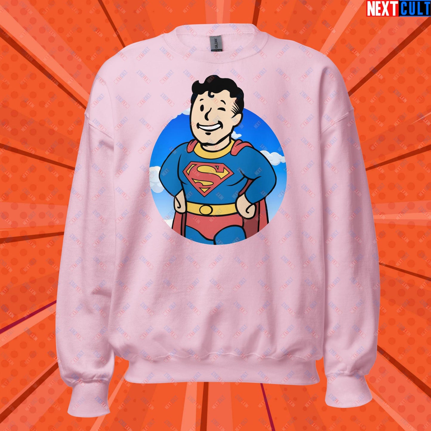 Super Boy Superman Vault Boy Fallout Funny Meme Cartoon Mashup Unisex Sweatshirt Light Pink Sweatshirts Fallout Henry Cavill Justice League Movies Superheroes Superman Vault Boy Next Cult Brand