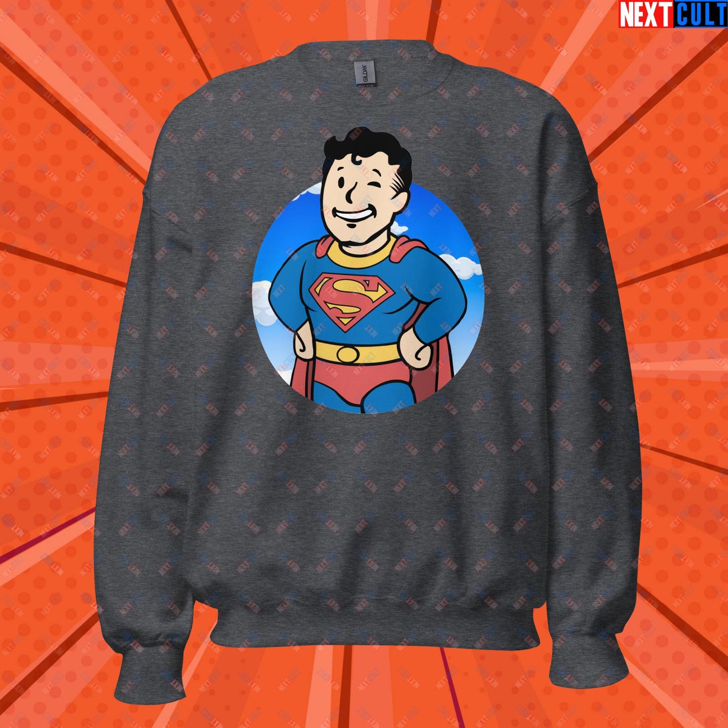 Super Boy Superman Vault Boy Fallout Funny Meme Cartoon Mashup Unisex Sweatshirt Dark Heather Sweatshirts Fallout Henry Cavill Justice League Movies Superheroes Superman Vault Boy Next Cult Brand