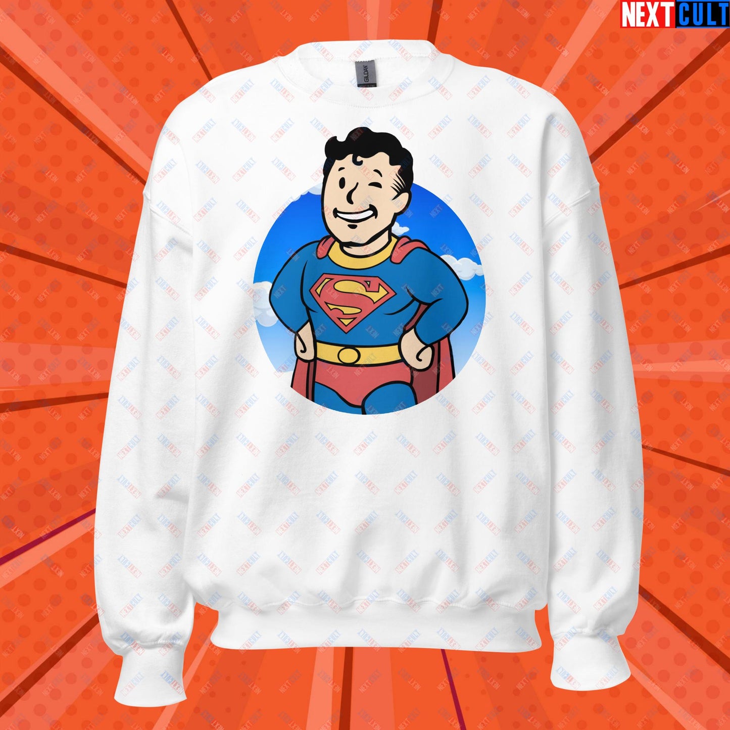 Super Boy Superman Vault Boy Fallout Funny Meme Cartoon Mashup Unisex Sweatshirt White Sweatshirts Fallout Henry Cavill Justice League Movies Superheroes Superman Vault Boy Next Cult Brand