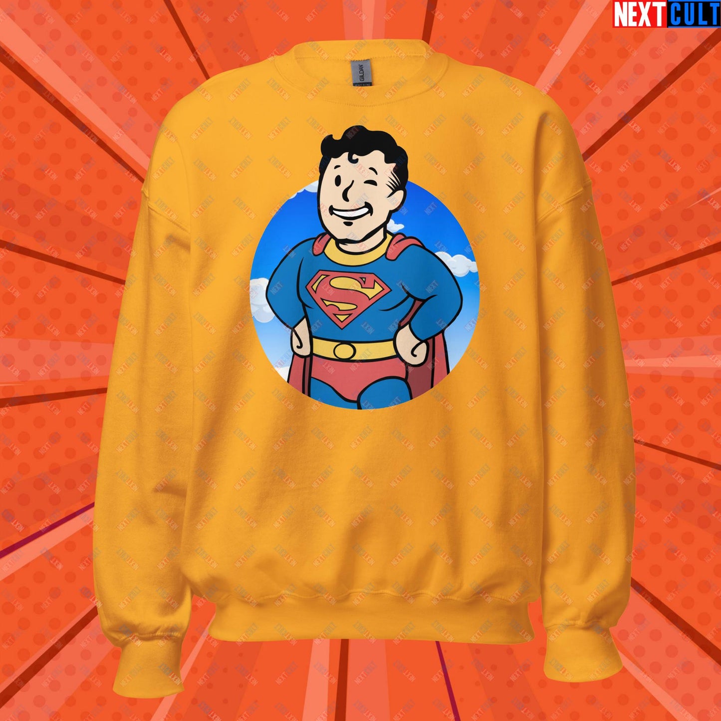 Super Boy Superman Vault Boy Fallout Funny Meme Cartoon Mashup Unisex Sweatshirt Gold Sweatshirts Fallout Henry Cavill Justice League Movies Superheroes Superman Vault Boy Next Cult Brand