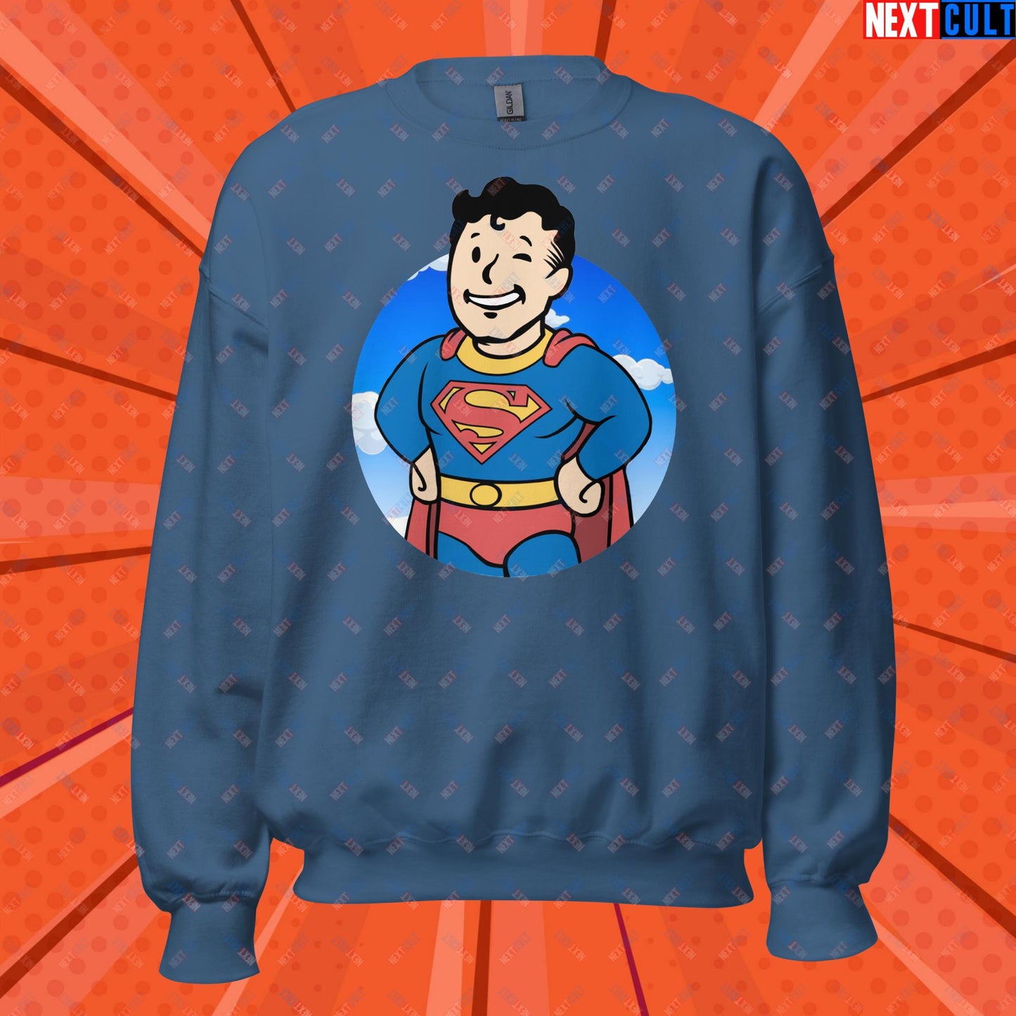 Super Boy Superman Vault Boy Fallout Funny Meme Cartoon Mashup Unisex Sweatshirt Indigo Blue Sweatshirts Fallout Henry Cavill Justice League Movies Superheroes Superman Vault Boy Next Cult Brand