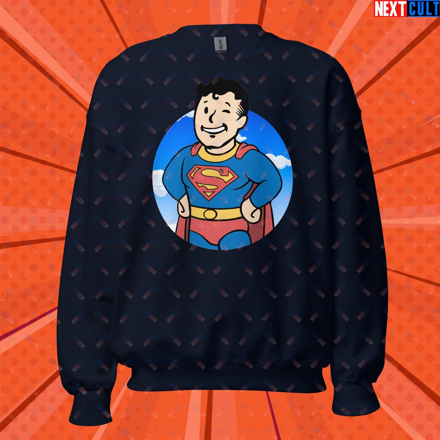 Super Boy Superman Vault Boy Fallout Funny Meme Cartoon Mashup Unisex Sweatshirt Navy Sweatshirts Fallout Henry Cavill Justice League Movies Superheroes Superman Vault Boy Next Cult Brand