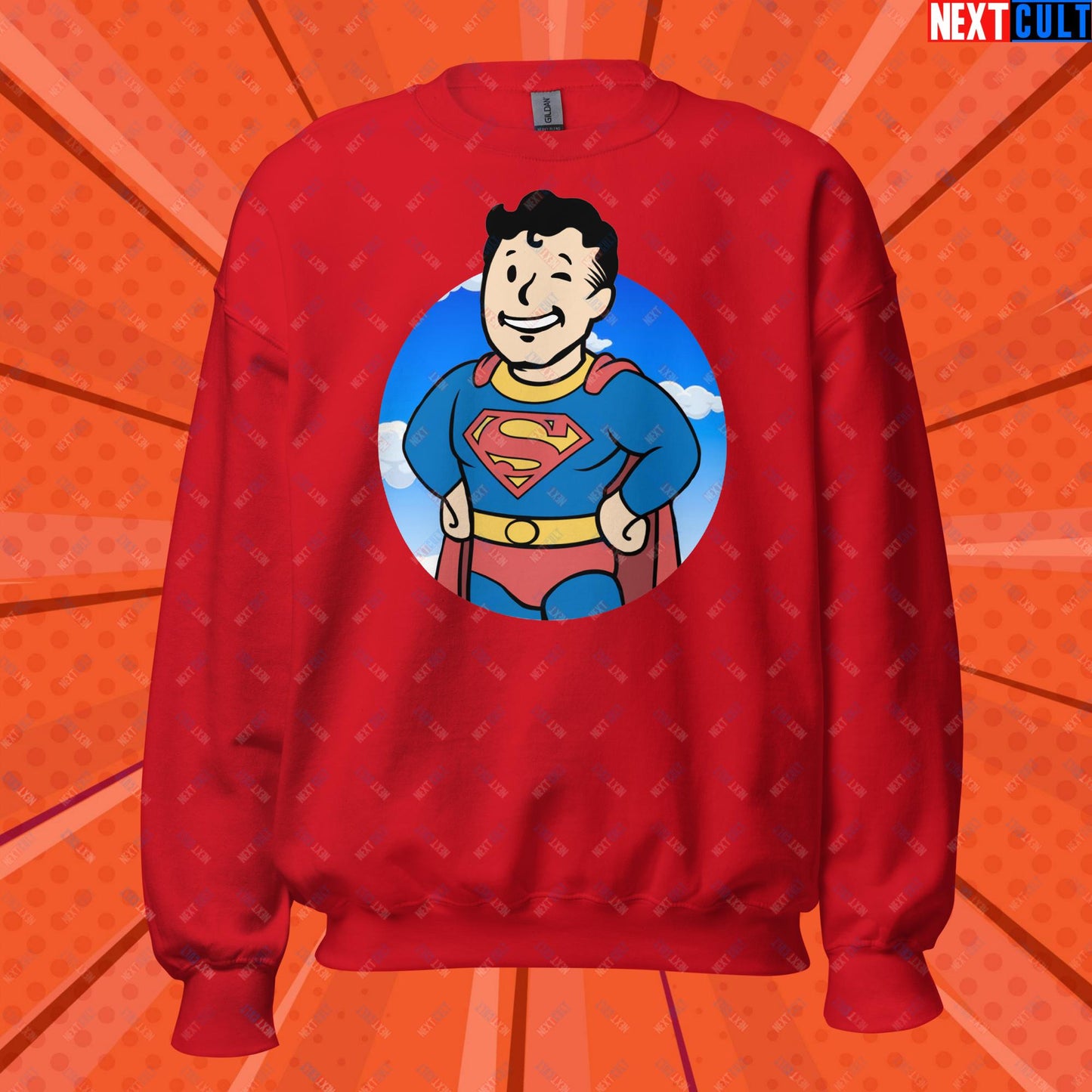 Super Boy Superman Vault Boy Fallout Funny Meme Cartoon Mashup Unisex Sweatshirt Red Sweatshirts Fallout Henry Cavill Justice League Movies Superheroes Superman Vault Boy Next Cult Brand