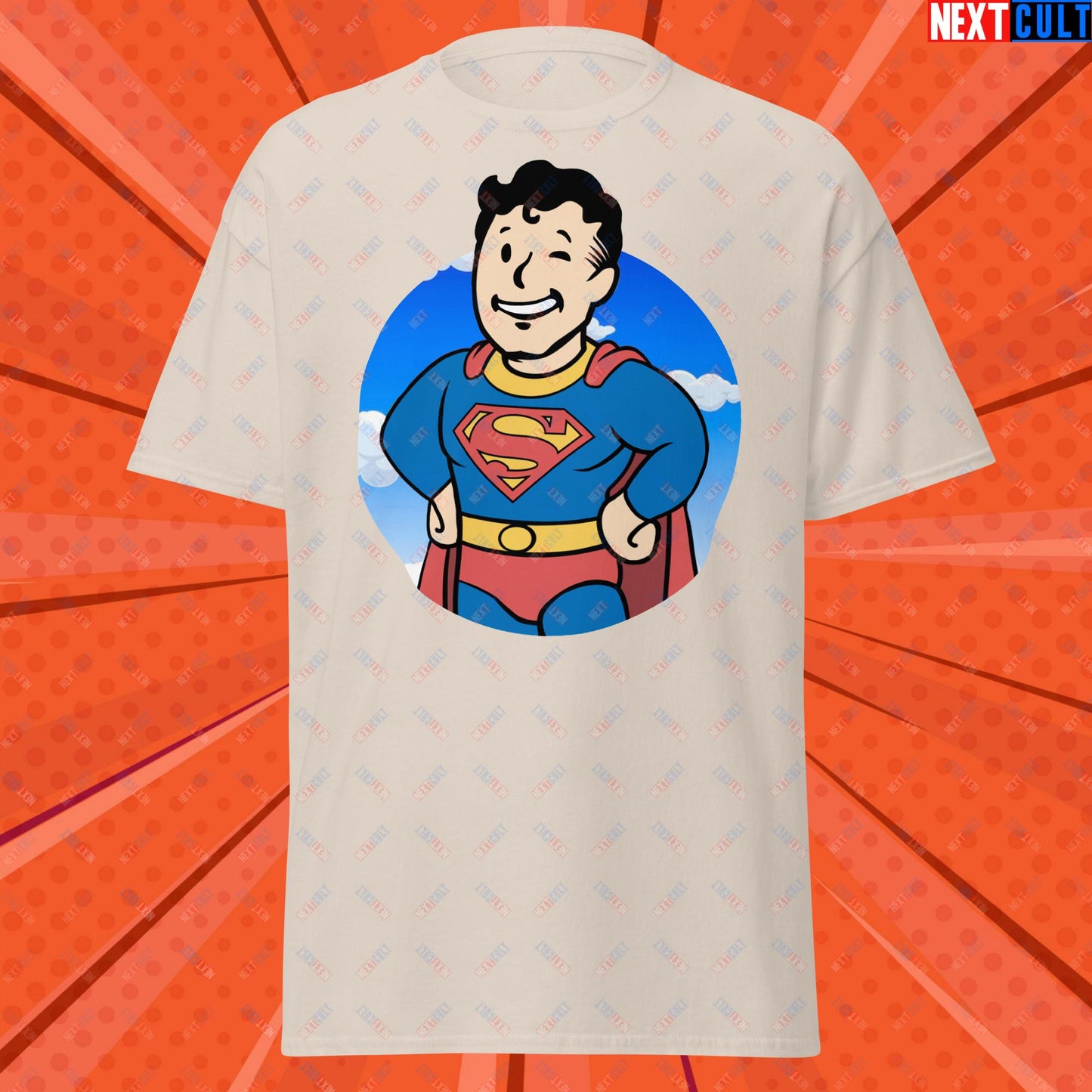Super Boy Superman Vault Boy Fallout Funny Meme Cartoon Mashup Unisex classic tee Natural T-shirts Fallout Henry Cavill Justice League Movies Superheroes Superman Vault Boy Next Cult Brand