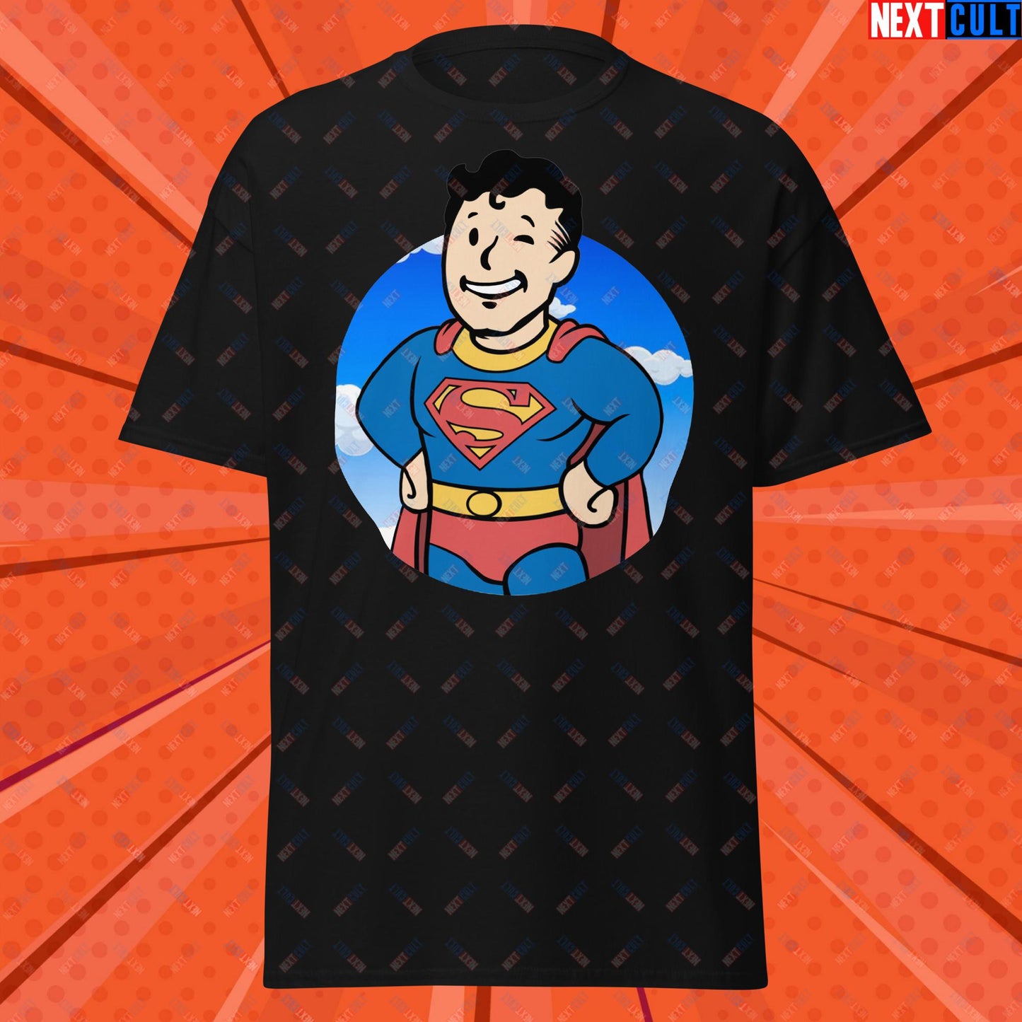 Super Boy Superman Vault Boy Fallout Funny Meme Cartoon Mashup Unisex classic tee Black T-shirts Fallout Henry Cavill Justice League Movies Superheroes Superman Vault Boy Next Cult Brand