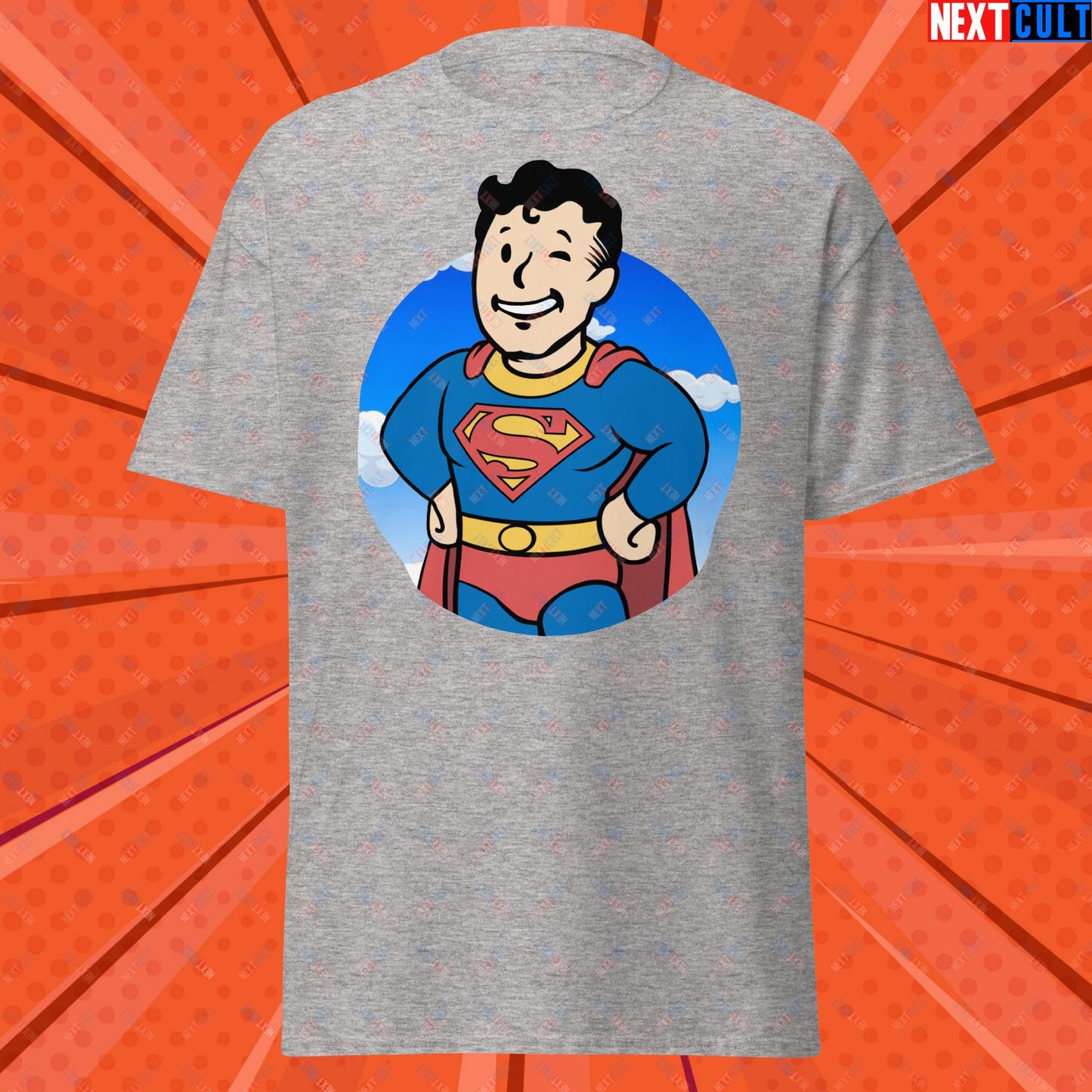 Super Boy Superman Vault Boy Fallout Funny Meme Cartoon Mashup Unisex classic tee Sport Grey T-shirts Fallout Henry Cavill Justice League Movies Superheroes Superman Vault Boy Next Cult Brand