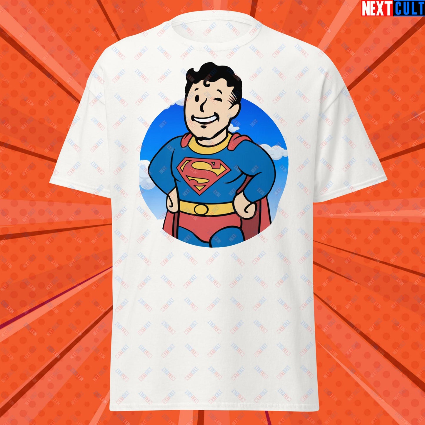 Super Boy Superman Vault Boy Fallout Funny Meme Cartoon Mashup Unisex classic tee White T-shirts Fallout Henry Cavill Justice League Movies Superheroes Superman Vault Boy Next Cult Brand