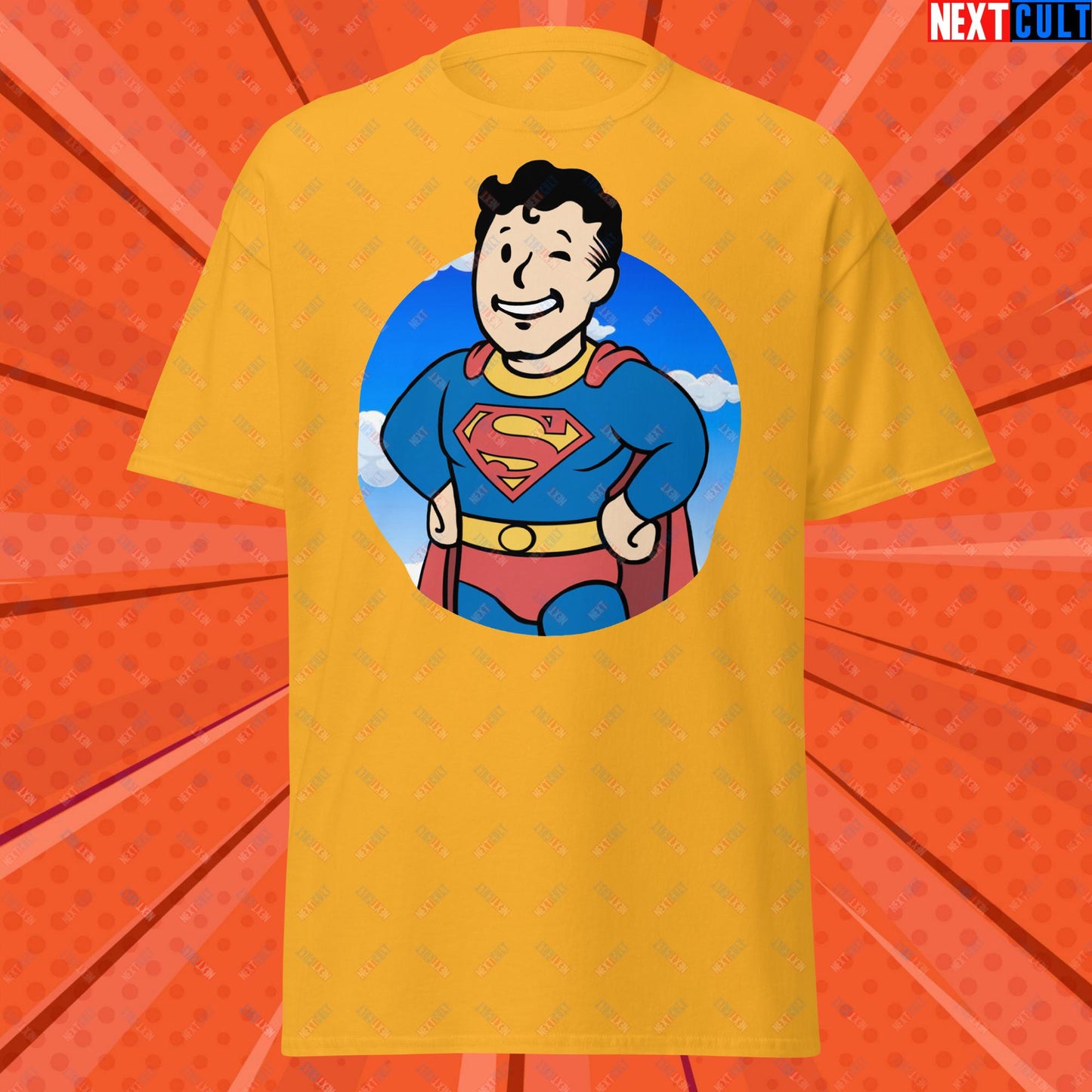 Super Boy Superman Vault Boy Fallout Funny Meme Cartoon Mashup Unisex classic tee Gold T-shirts Fallout Henry Cavill Justice League Movies Superheroes Superman Vault Boy Next Cult Brand