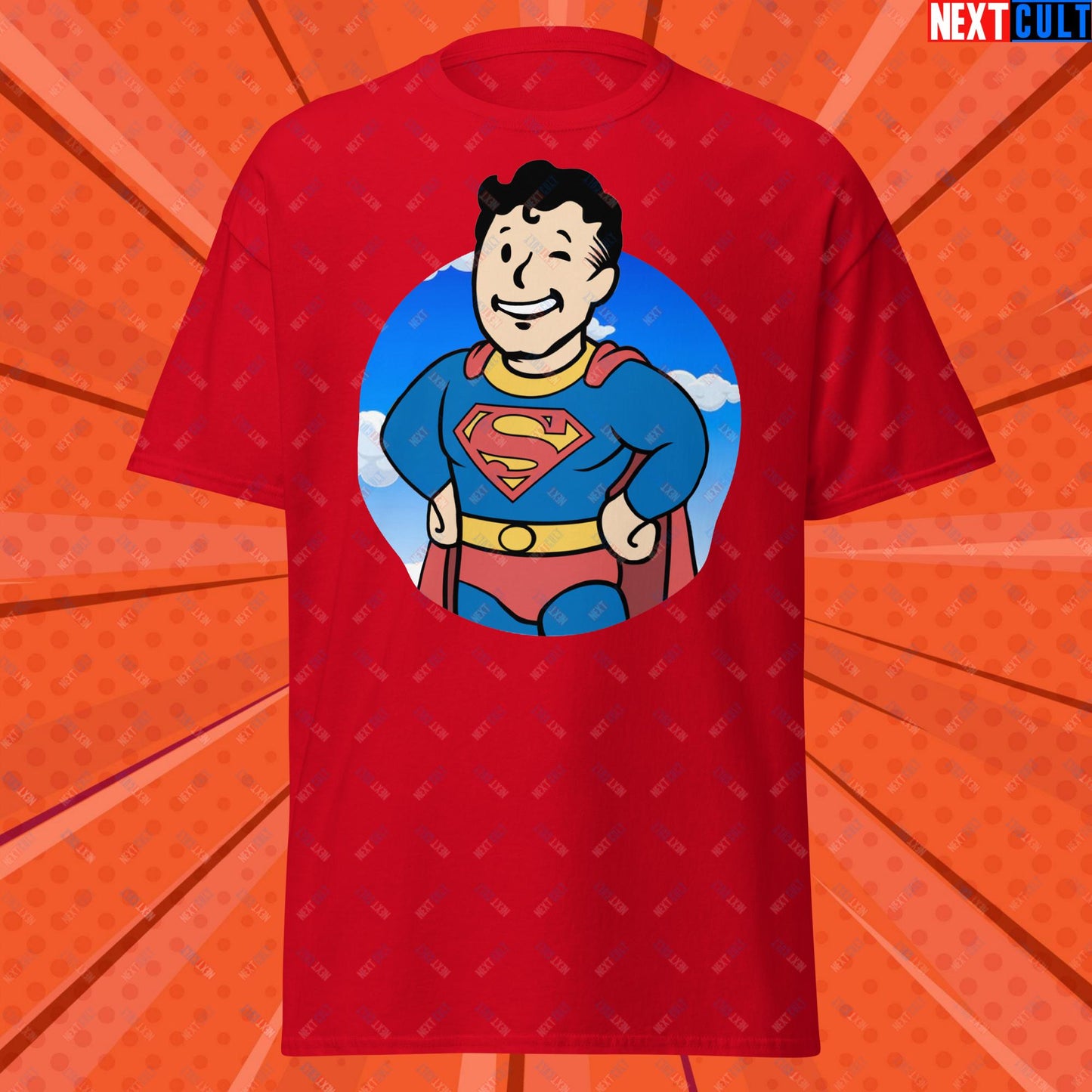 Super Boy Superman Vault Boy Fallout Funny Meme Cartoon Mashup Unisex classic tee Red T-shirts Fallout Henry Cavill Justice League Movies Superheroes Superman Vault Boy Next Cult Brand
