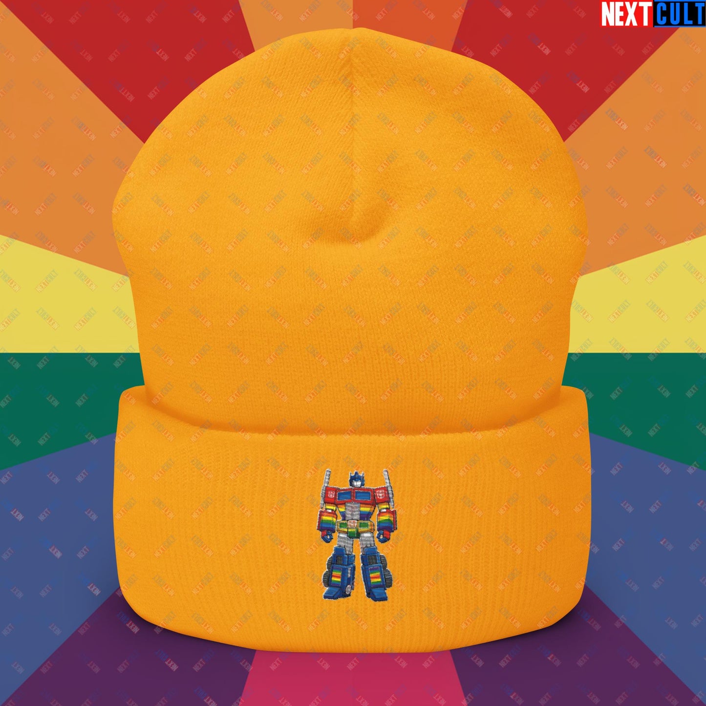 Transformer Transgender Pride Funny LGBTQ+ Cuffed Beanie Gold Hats LGBTQ+ Movies Transformers Next Cult Brand