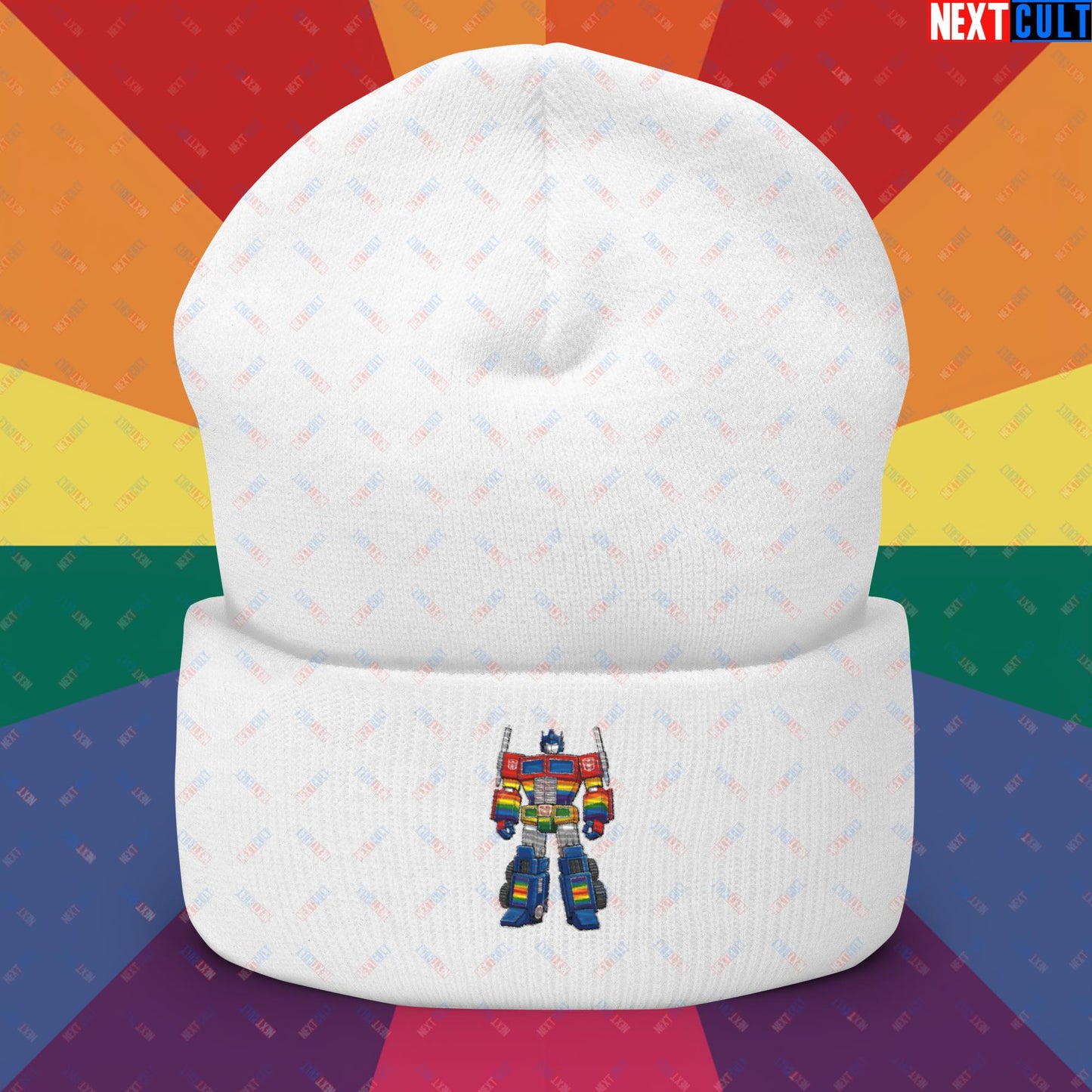 Transformer Transgender Pride Funny LGBTQ+ Cuffed Beanie White Hats LGBTQ+ Movies Transformers Next Cult Brand