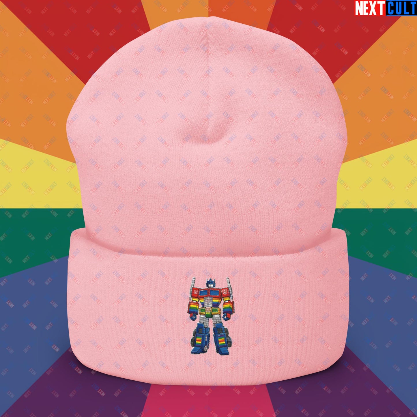 Transformer Transgender Pride Funny LGBTQ+ Cuffed Beanie Baby Pink Hats LGBTQ+ Movies Transformers Next Cult Brand