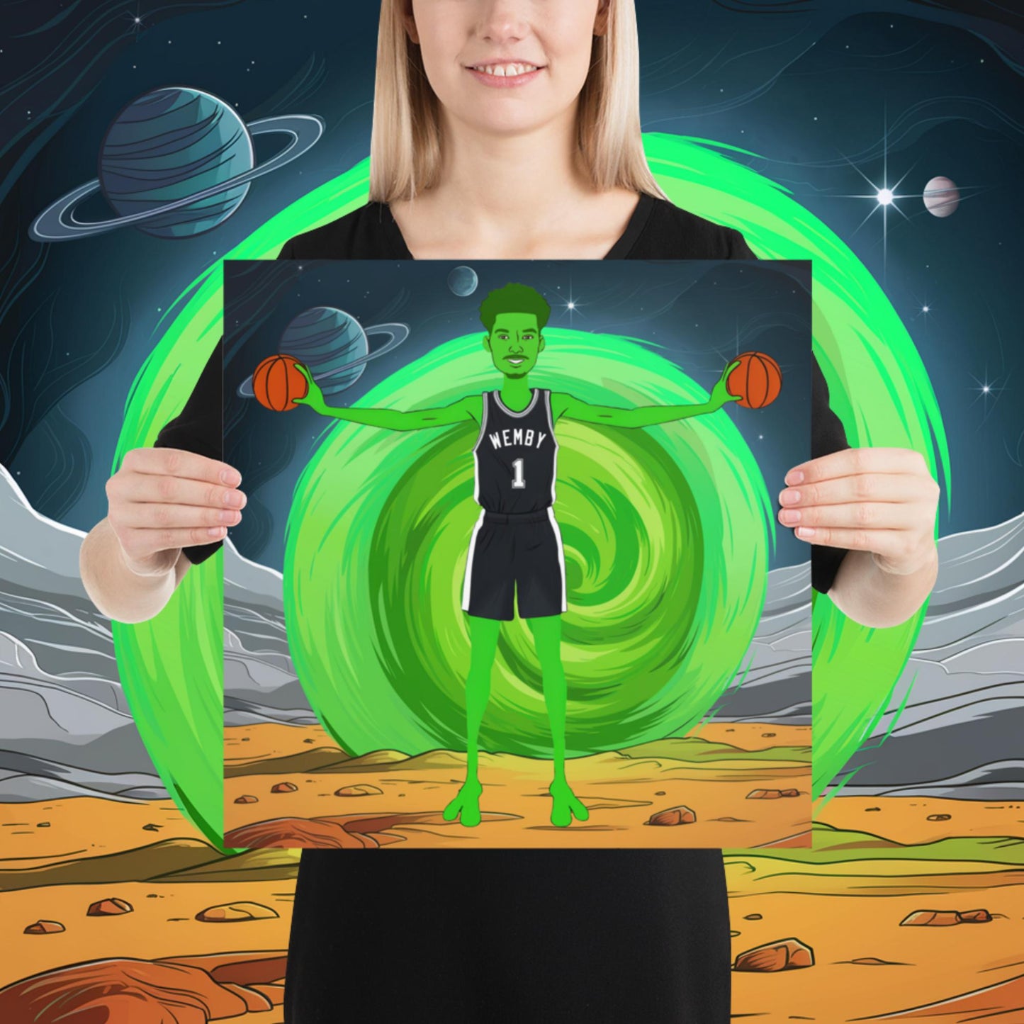Victor Wembanyama Alien Wemby Funny NBA Basketball San Antonio Spurs Poster 16″×16″ Posters Basketball NBA San Antonio Spurs Victor Wembanyama Wemby Next Cult Brand