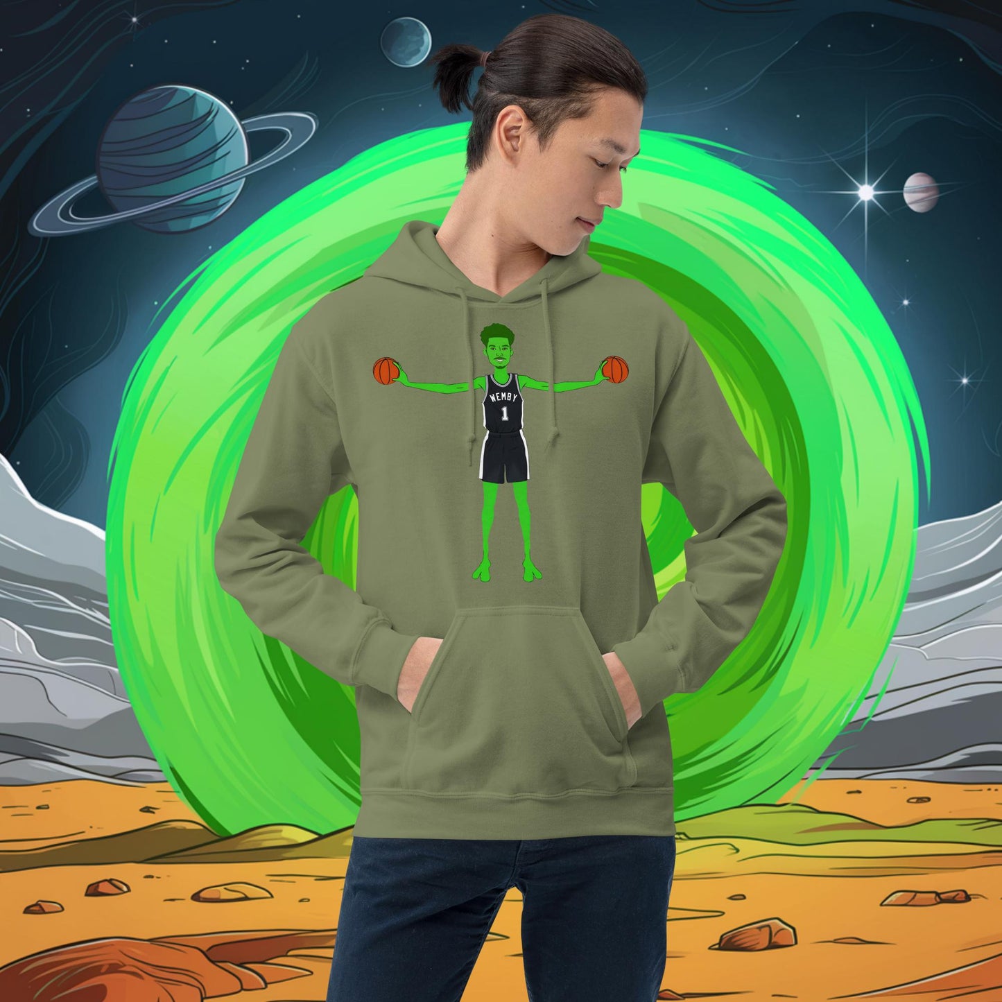 Victor Wembanyama Alien Wemby Funny NBA Basketball San Antonio Spurs Unisex Hoodie Military Green Hoodies Basketball NBA San Antonio Spurs Victor Wembanyama Wemby Next Cult Brand
