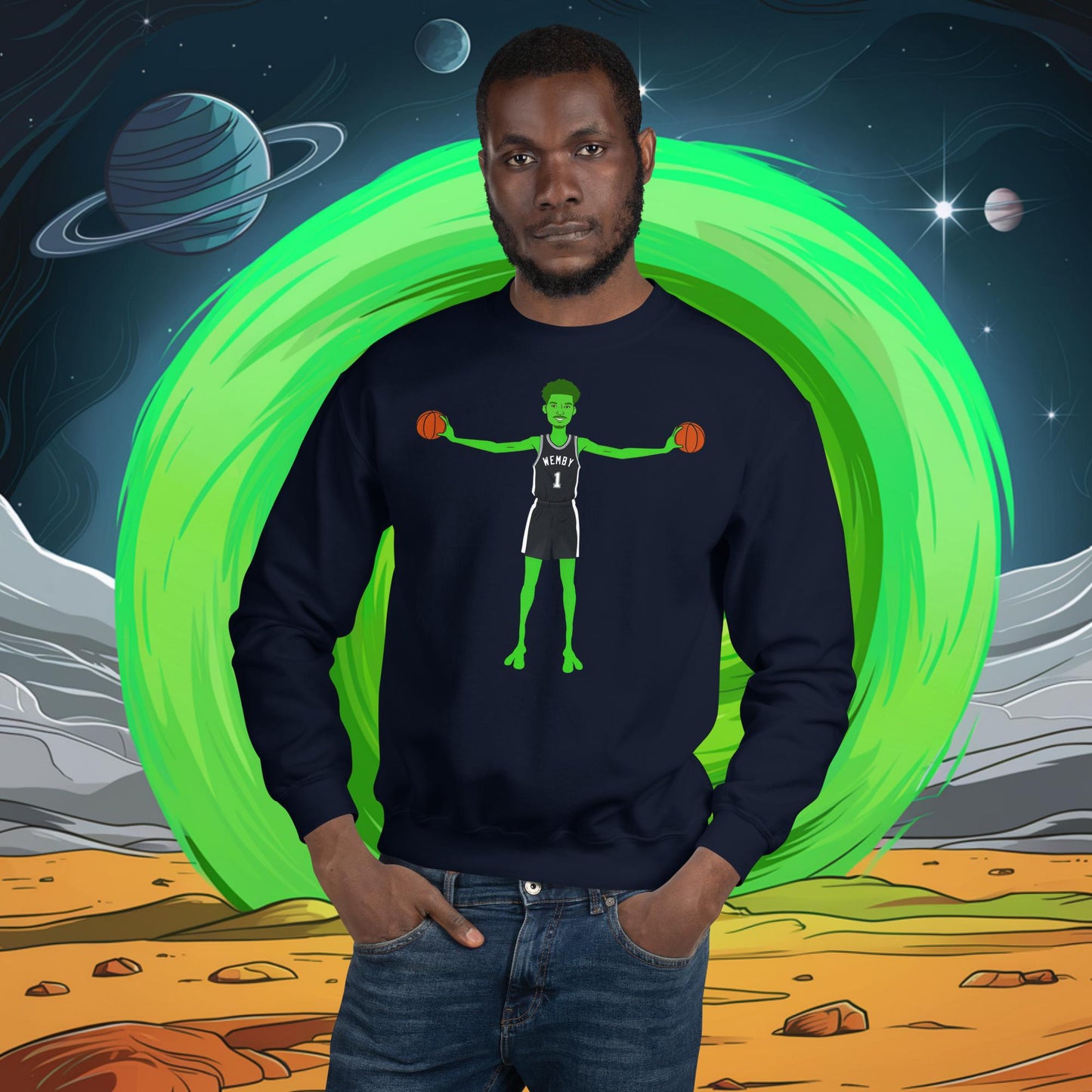 Victor Wembanyama Alien Wemby Funny NBA Basketball San Antonio Spurs Unisex Sweatshirt Navy Sweatshirts Basketball NBA San Antonio Spurs Victor Wembanyama Wemby Next Cult Brand