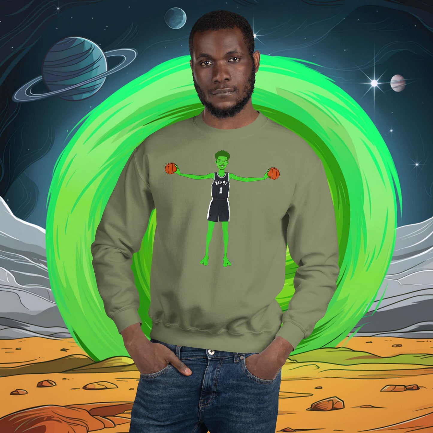 Victor Wembanyama Alien Wemby Funny NBA Basketball San Antonio Spurs Unisex Sweatshirt Military Green Sweatshirts Basketball NBA San Antonio Spurs Victor Wembanyama Wemby Next Cult Brand