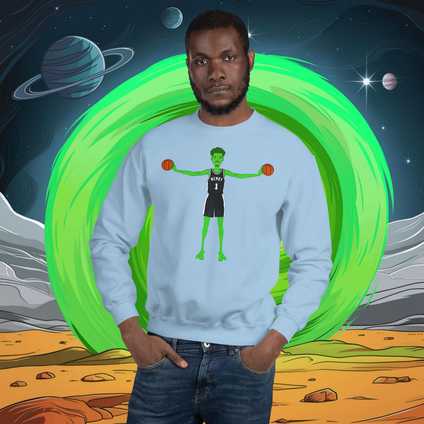 Victor Wembanyama Alien Wemby Funny NBA Basketball San Antonio Spurs Unisex Sweatshirt Light Blue Sweatshirts Basketball NBA San Antonio Spurs Victor Wembanyama Wemby Next Cult Brand